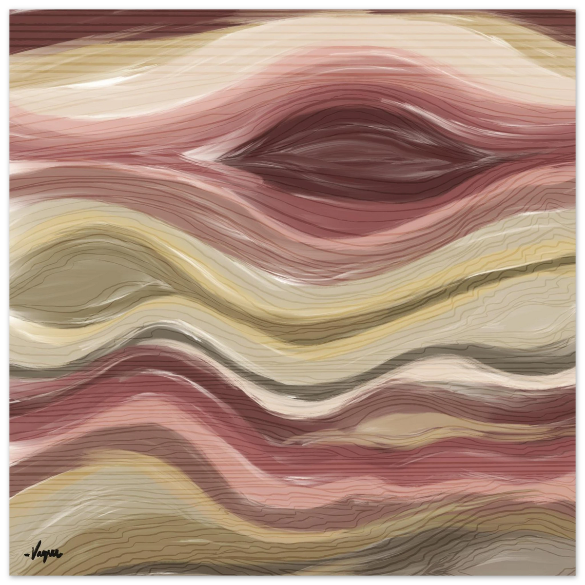 Abstract wall art canvas with flowing wavy lines in rose, cream, and gray