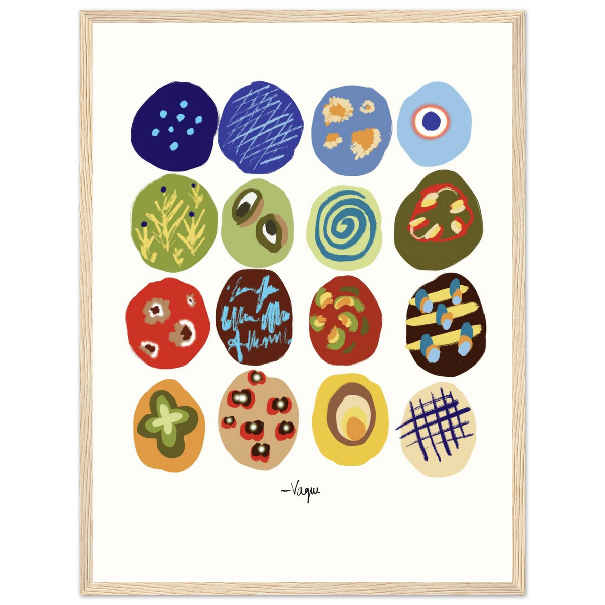 Festa abstract art print in a light wood frame