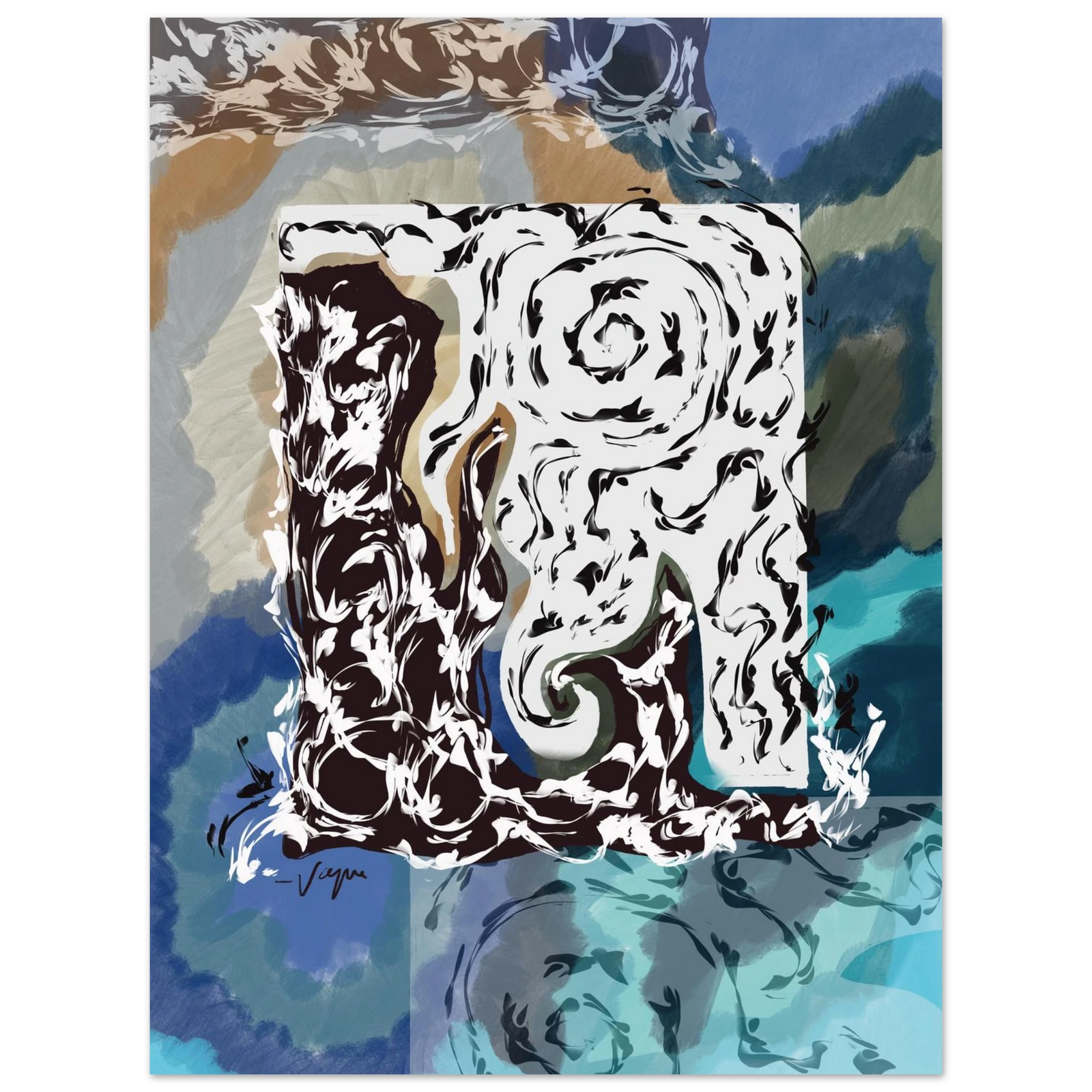 Framed wall art print with stylized dog portrait in black and white, teal-blue background, blue frame
