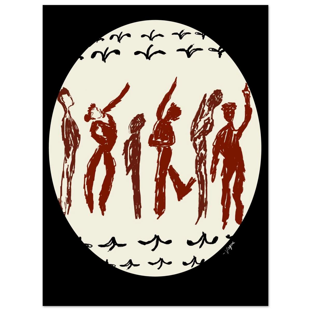 Dance or Pray? unframed art print with dancing figures and bird motifs