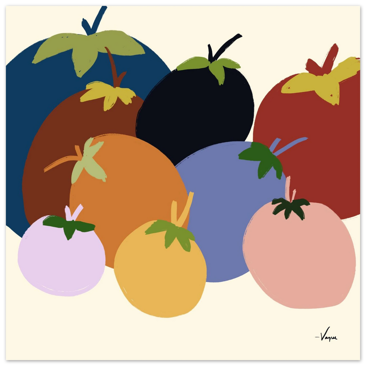 Framed abstract fruit illustration print with colorful oranges, lemons, tomatoes, and blueberries