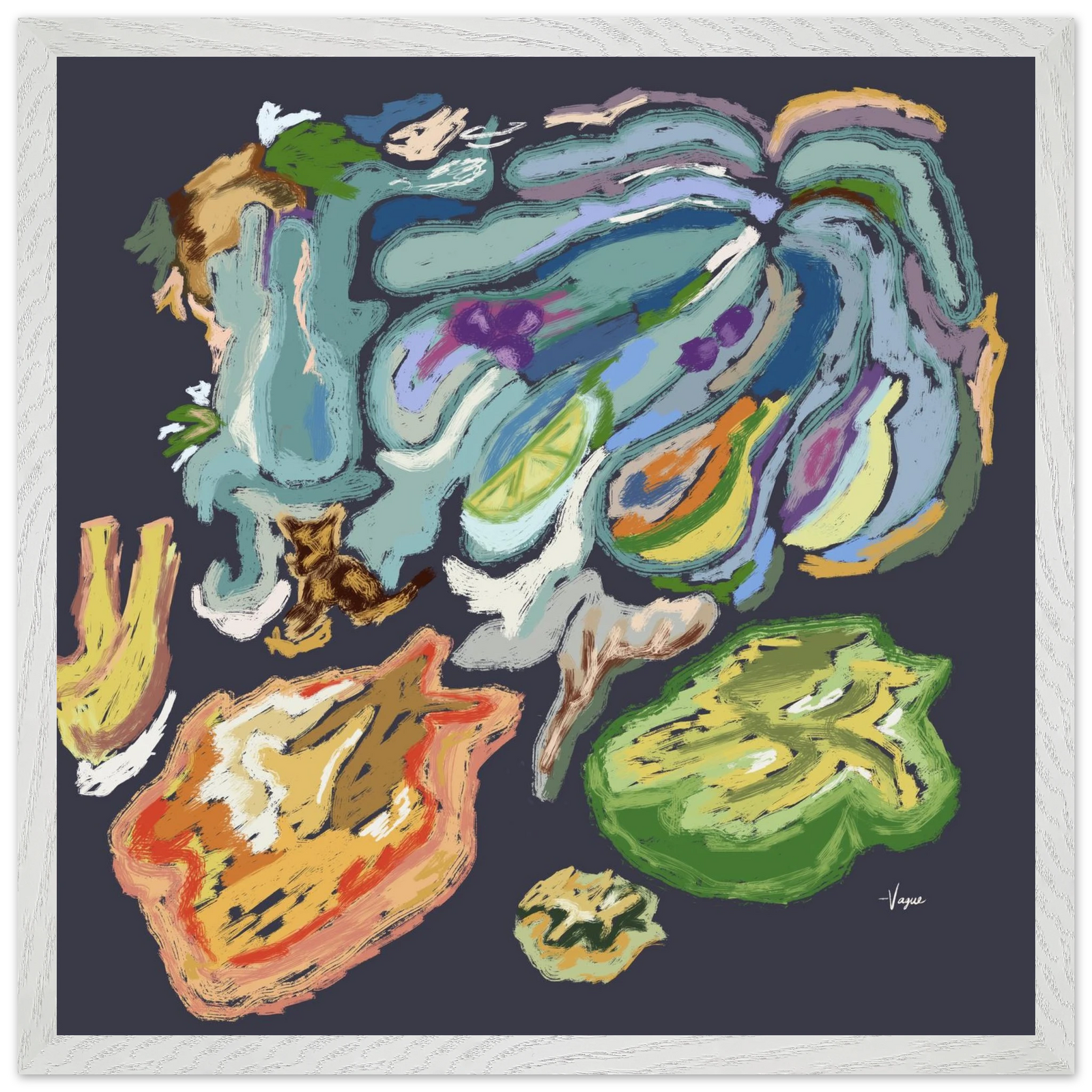 White-framed abstract wall art with multicolor graffiti-style paint swirls