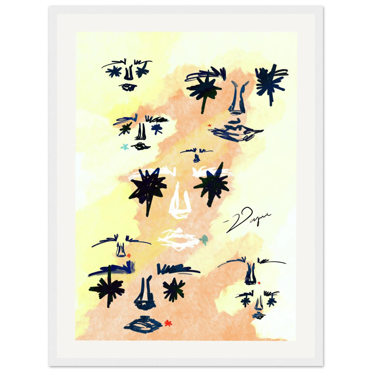 Abstract face print with a broad white mat and silver frame.