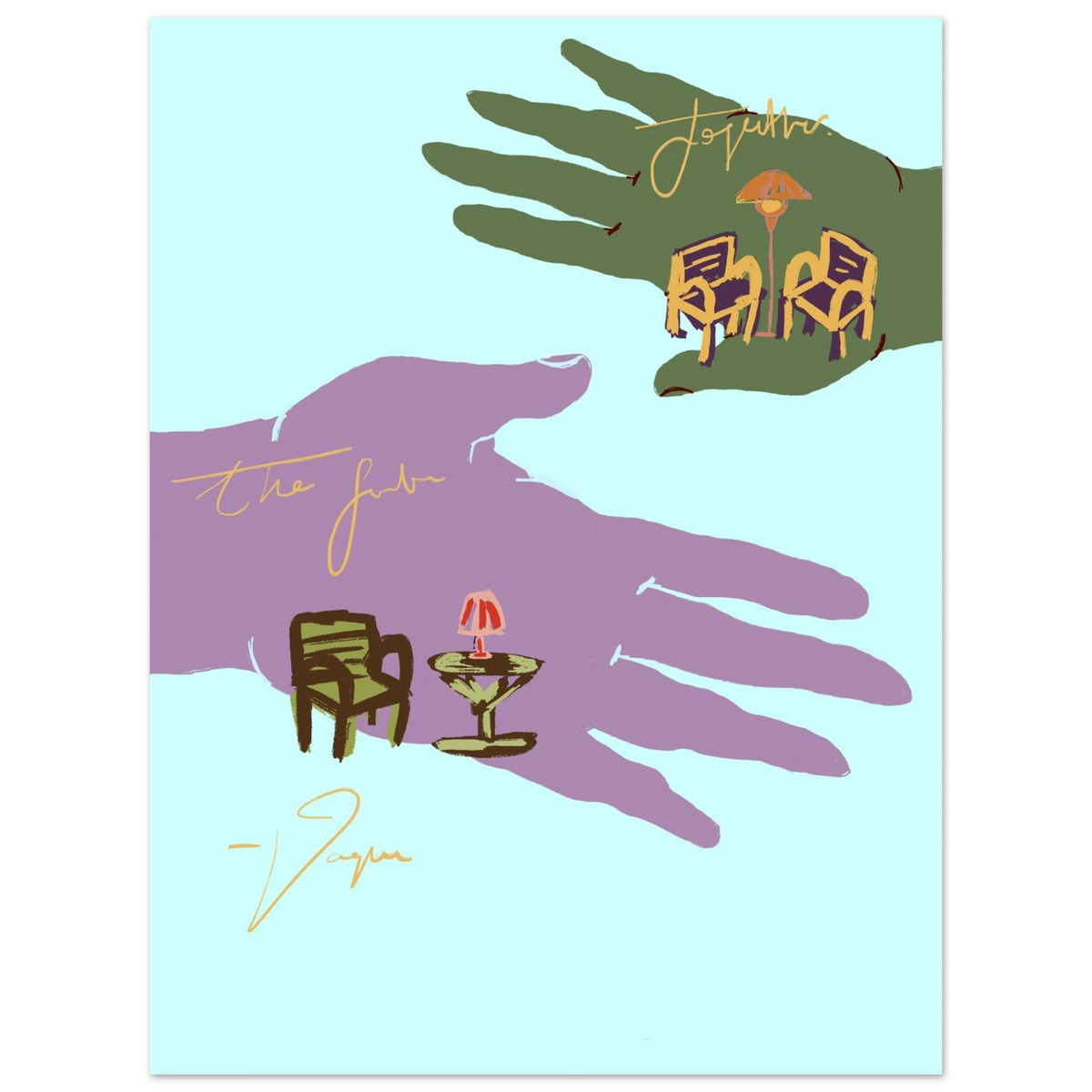 Palmistry wall art print with illustrated hands, chair and candle, in silver border