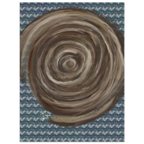 Abstract matte paper poster with circular swirl in tan, brown, and gray on blue speckle.