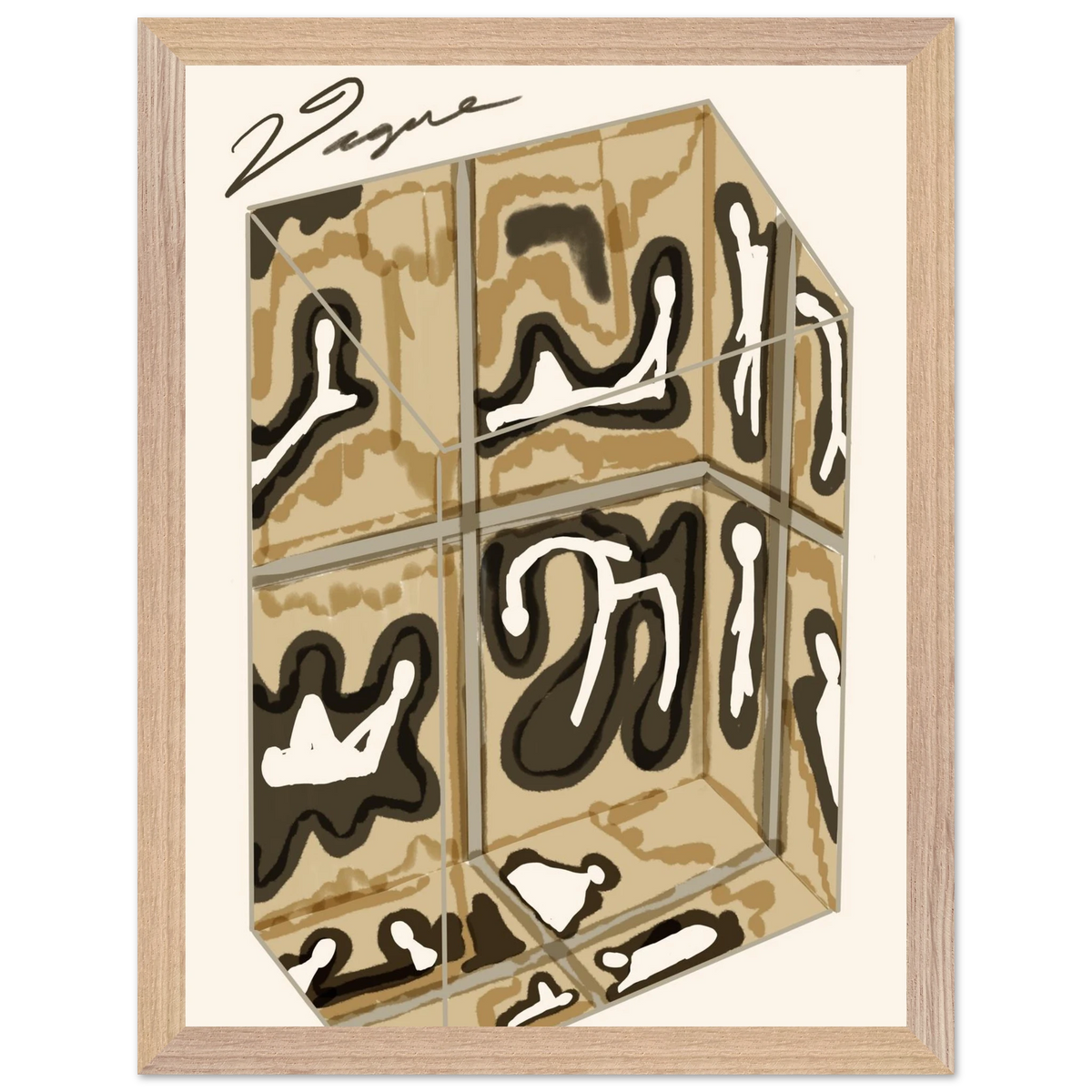 Box artwork with beige and black graphic design in a wood frame