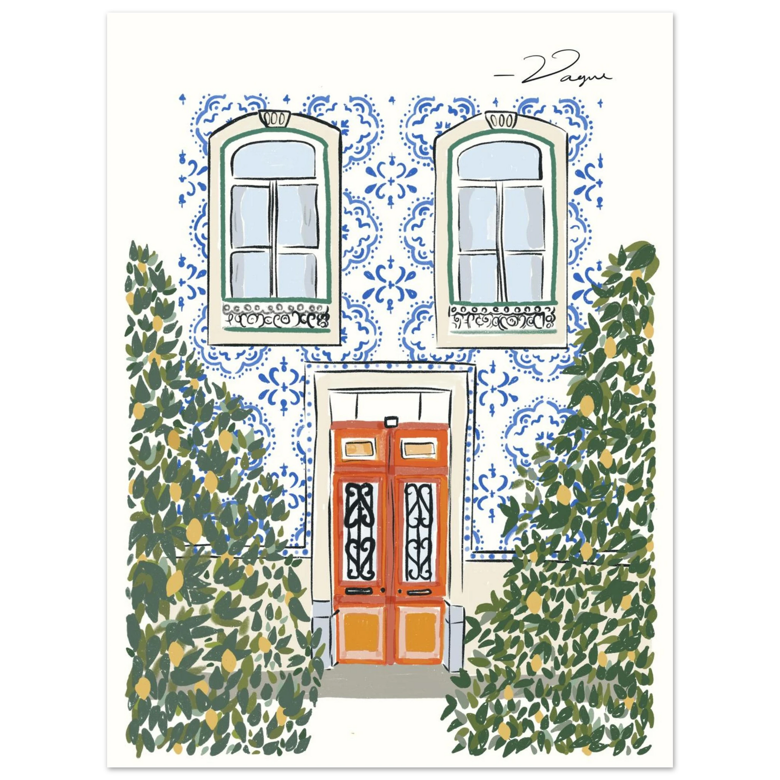 Riomaggiore door illustration wall art print with light white frame