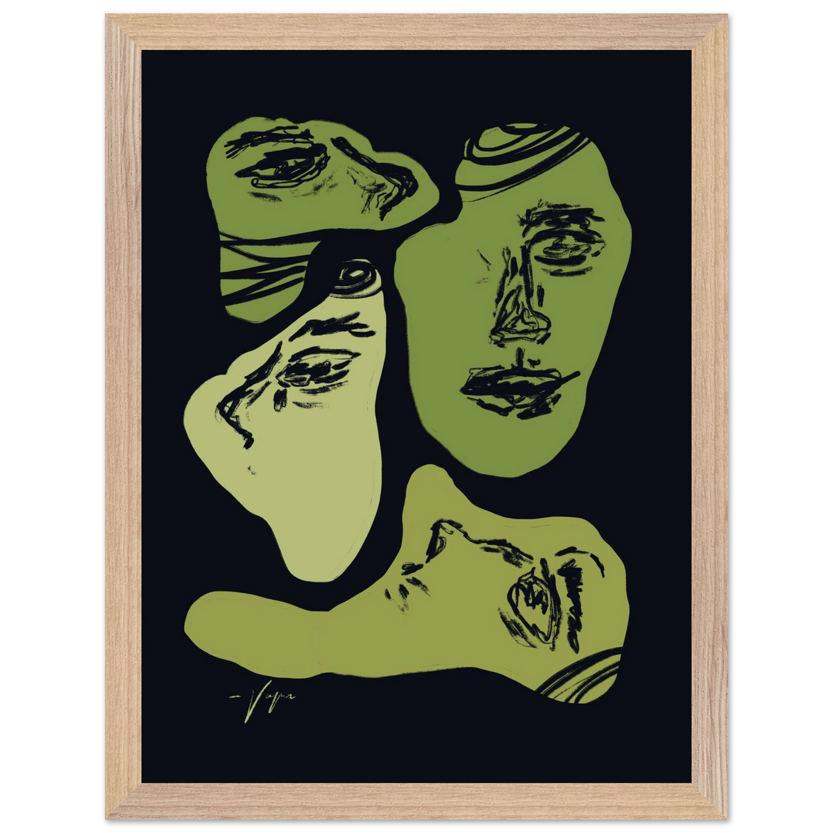 Framed portrait print with three green face profiles and dark background, wood frame