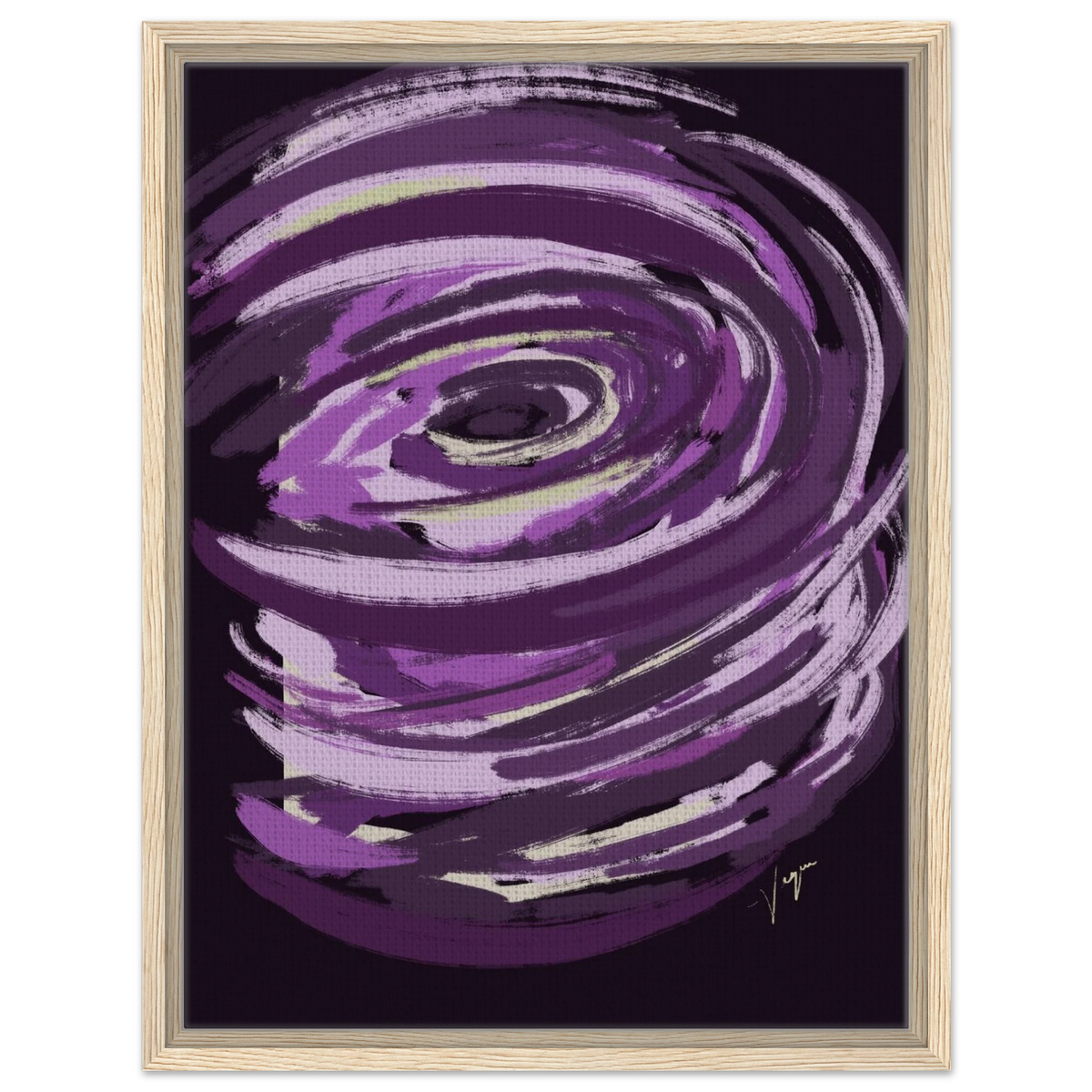 Purple abstract canvas with eye motif in pale wood frame