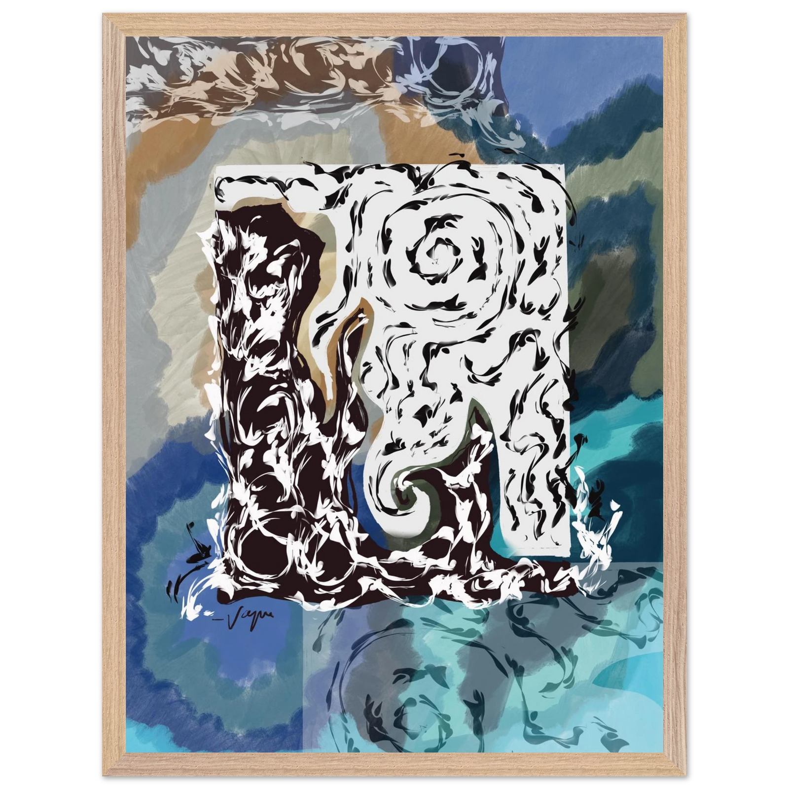 Framed wall art print with stylized dog portrait in black and white, teal-blue background, light wood frame
