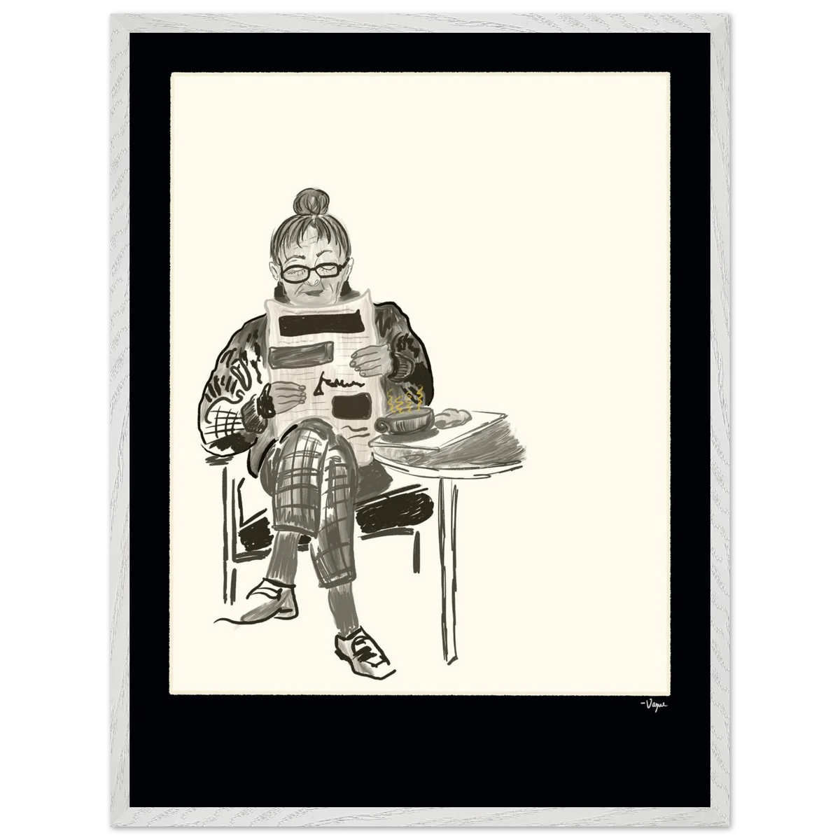 White-framed ink illustration of a person reading a tablet at a desk