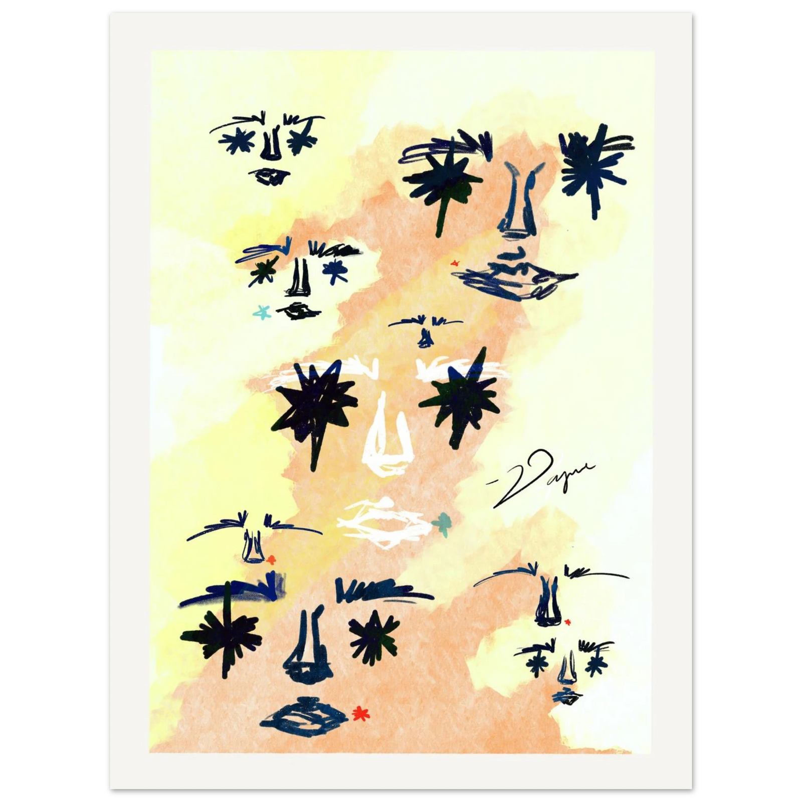 Framed abstract blue ink artwork on warm yellow and peach paper with small signature