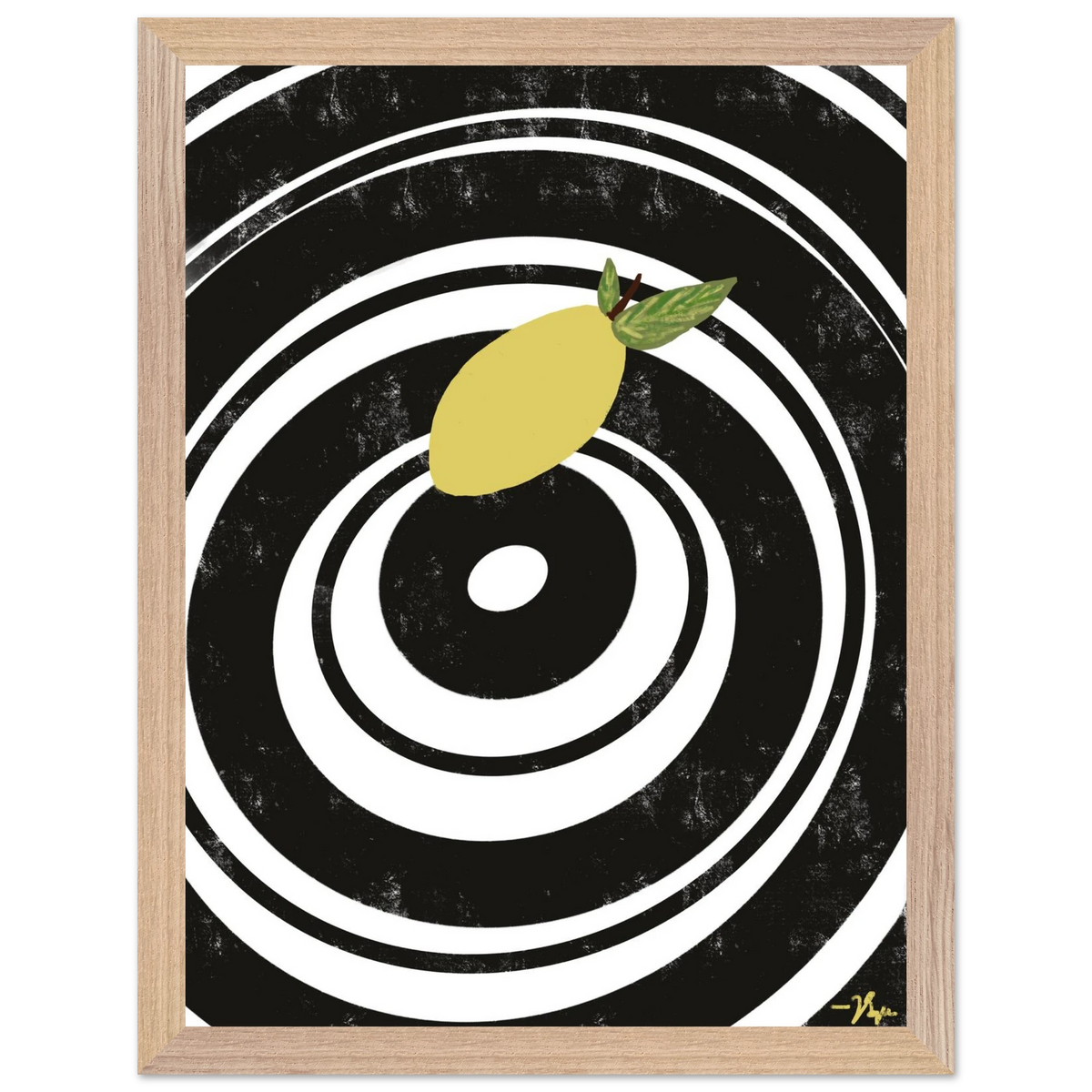 Square lemon wall art with white concentric circle lines, in a wood frame