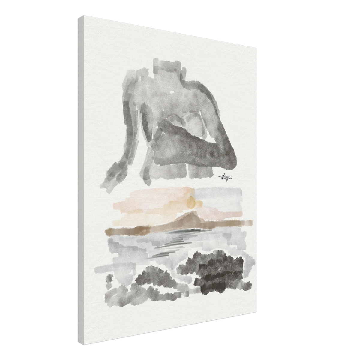Abstract watercolor wall art on white canvas, no frame, gray figure with tan highlights