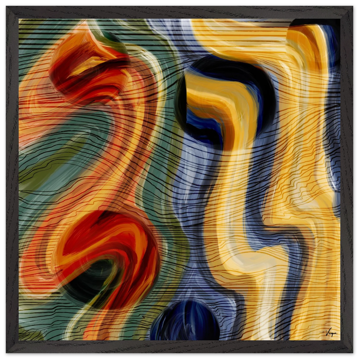 Framed matte paper poster with dark border and abstract red, yellow, blue swirl artwork