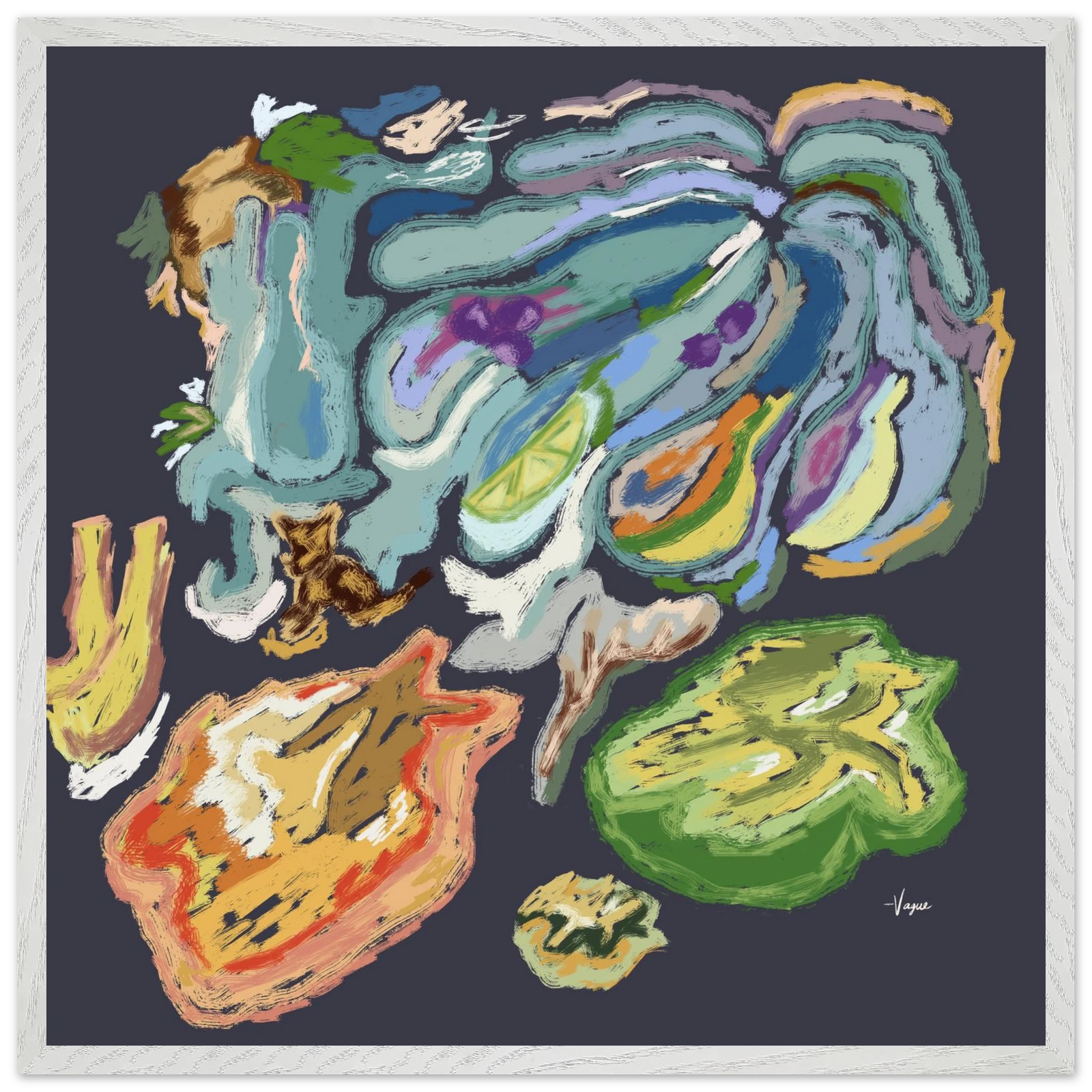 Black-framed abstract art print with colorful hand-painted shapes on dark background