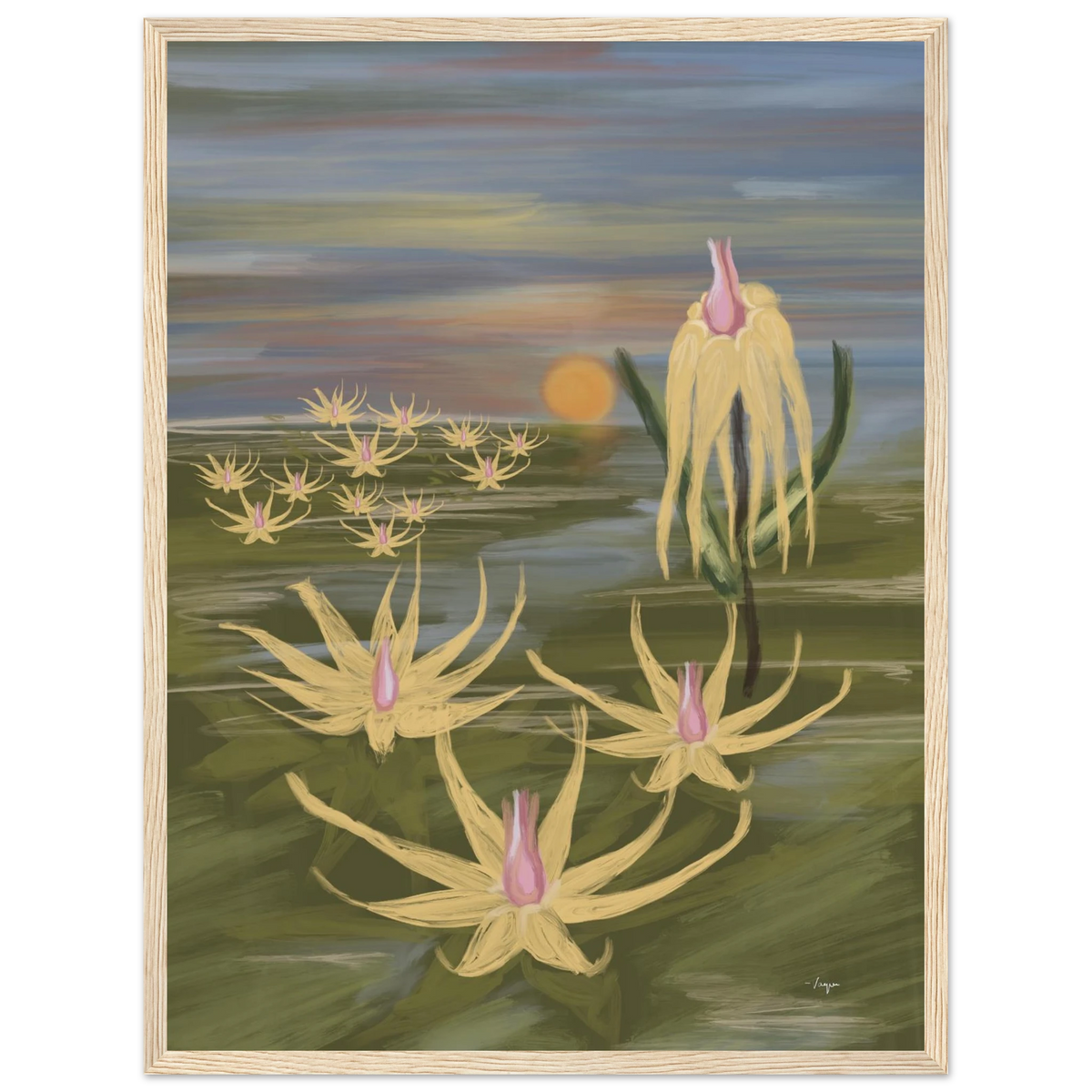 Light wood-framed cactus botanical wall art print with yellow forms and pink buds