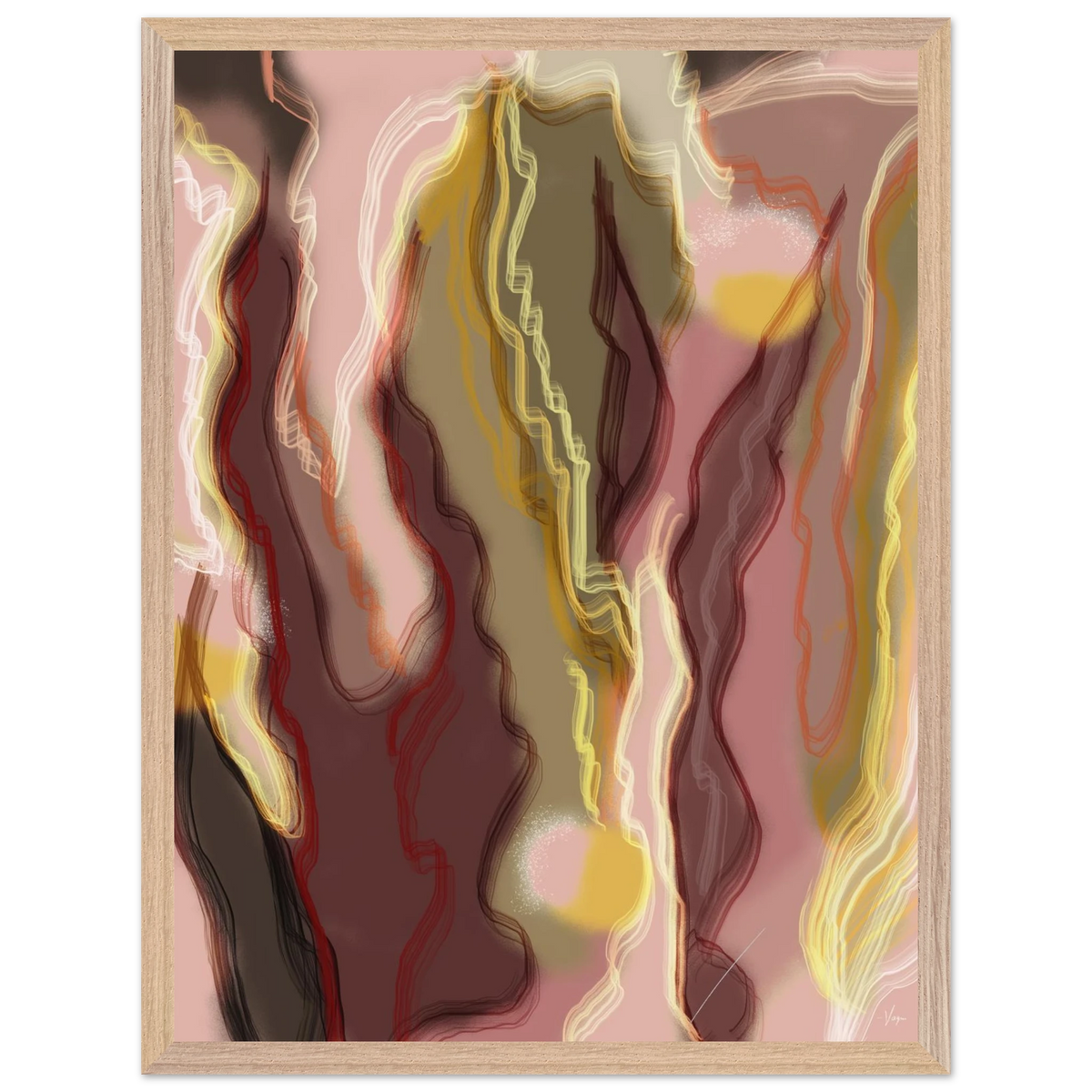 Natural wood framed abstract wall art print with flowing yellow, red, and cream lines