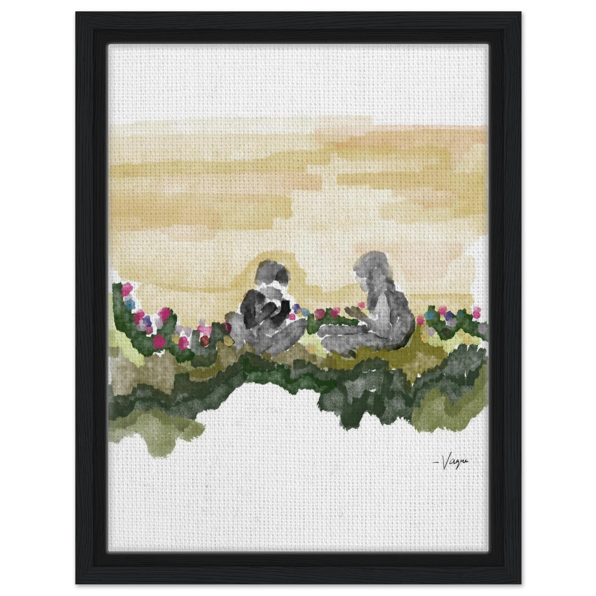 Black-framed vertical watercolor wall art of two seated figures by pink and purple flowers