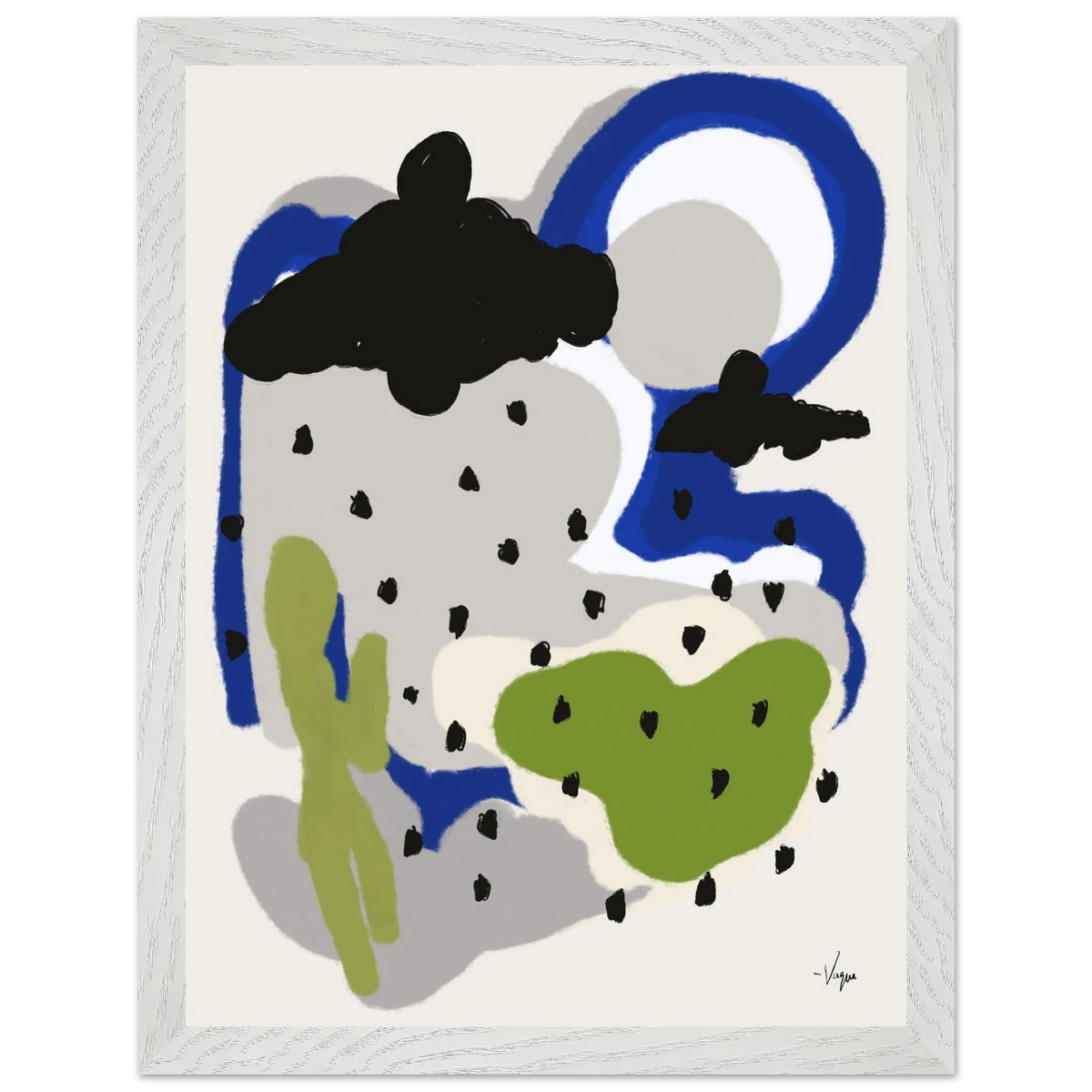 Framed abstract wall art with light frame, blue swirl, black cloud, and green raindrop shapes
