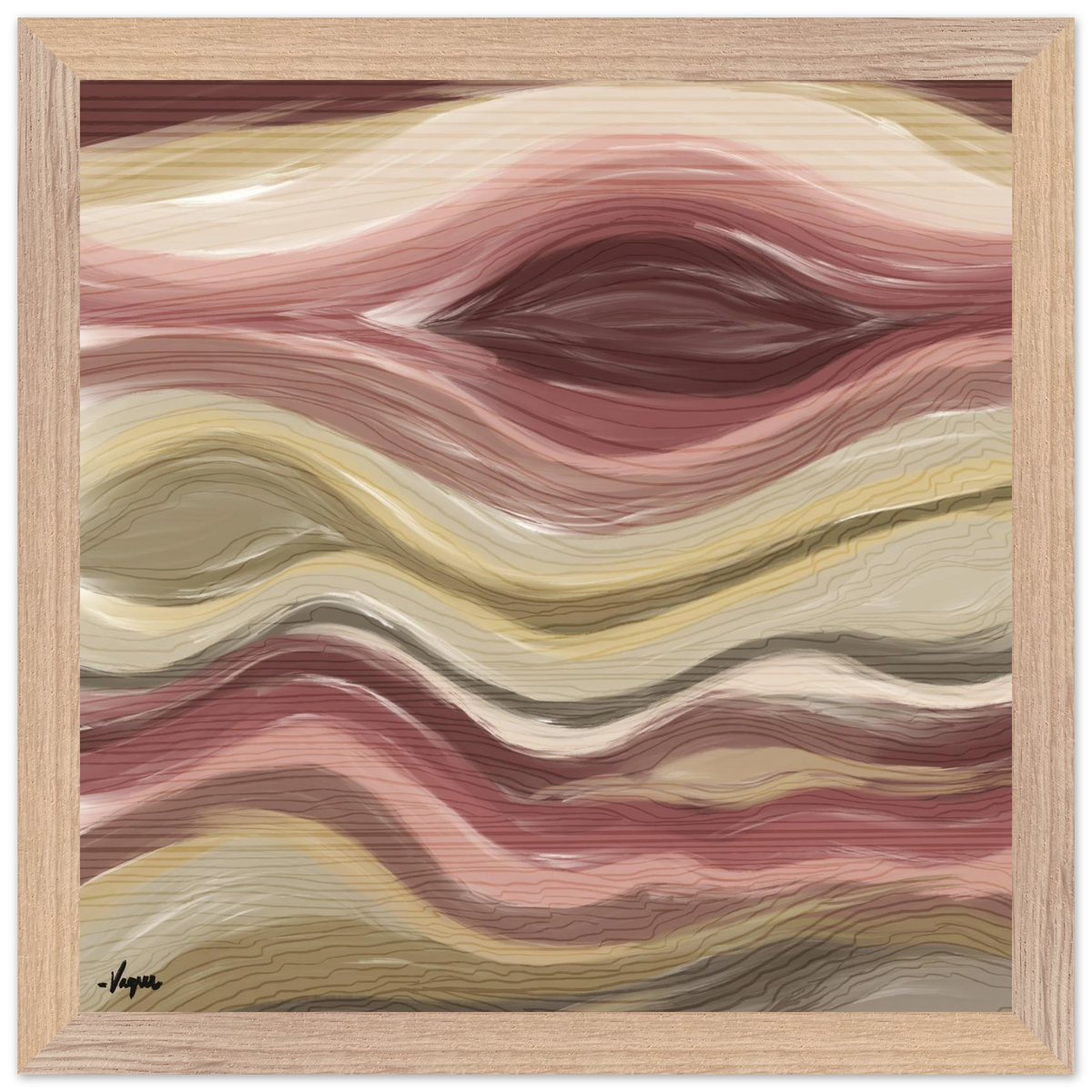 Abstract wall art with wavy rose, cream, and gray lines in a light wood frame