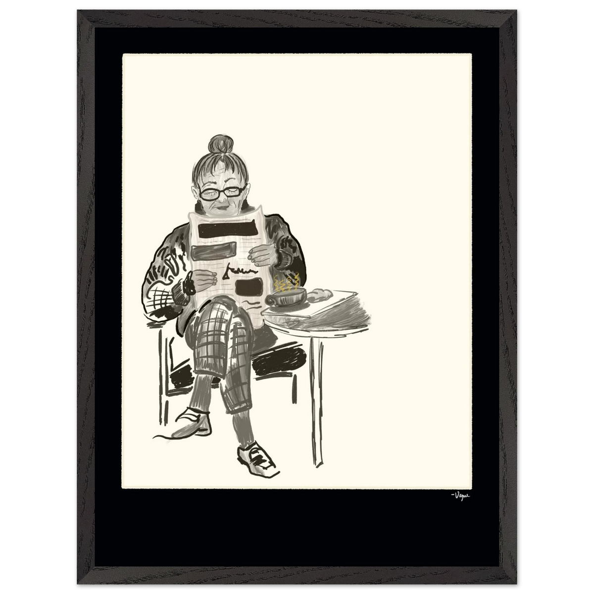 Dark-gray framed ink illustration of a person reading a tablet at a desk