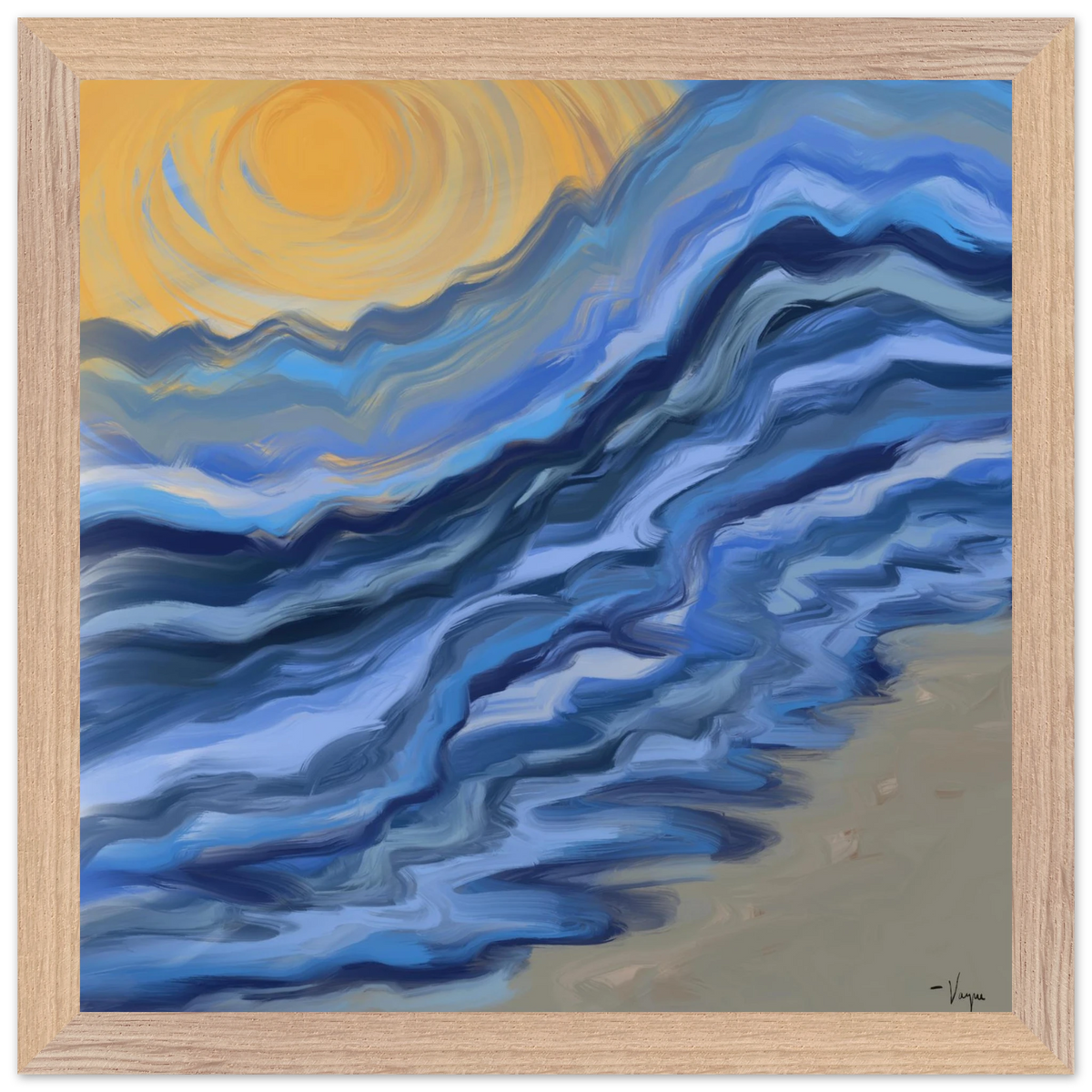Framed matte paper poster with blue waves and yellow sun, light wood frame