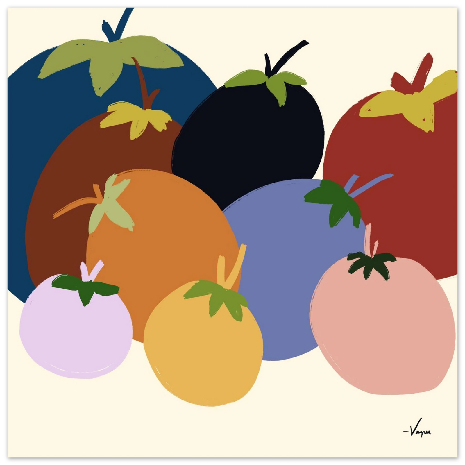Framed art print with colorful illustrated fruit and dark frame, square composition