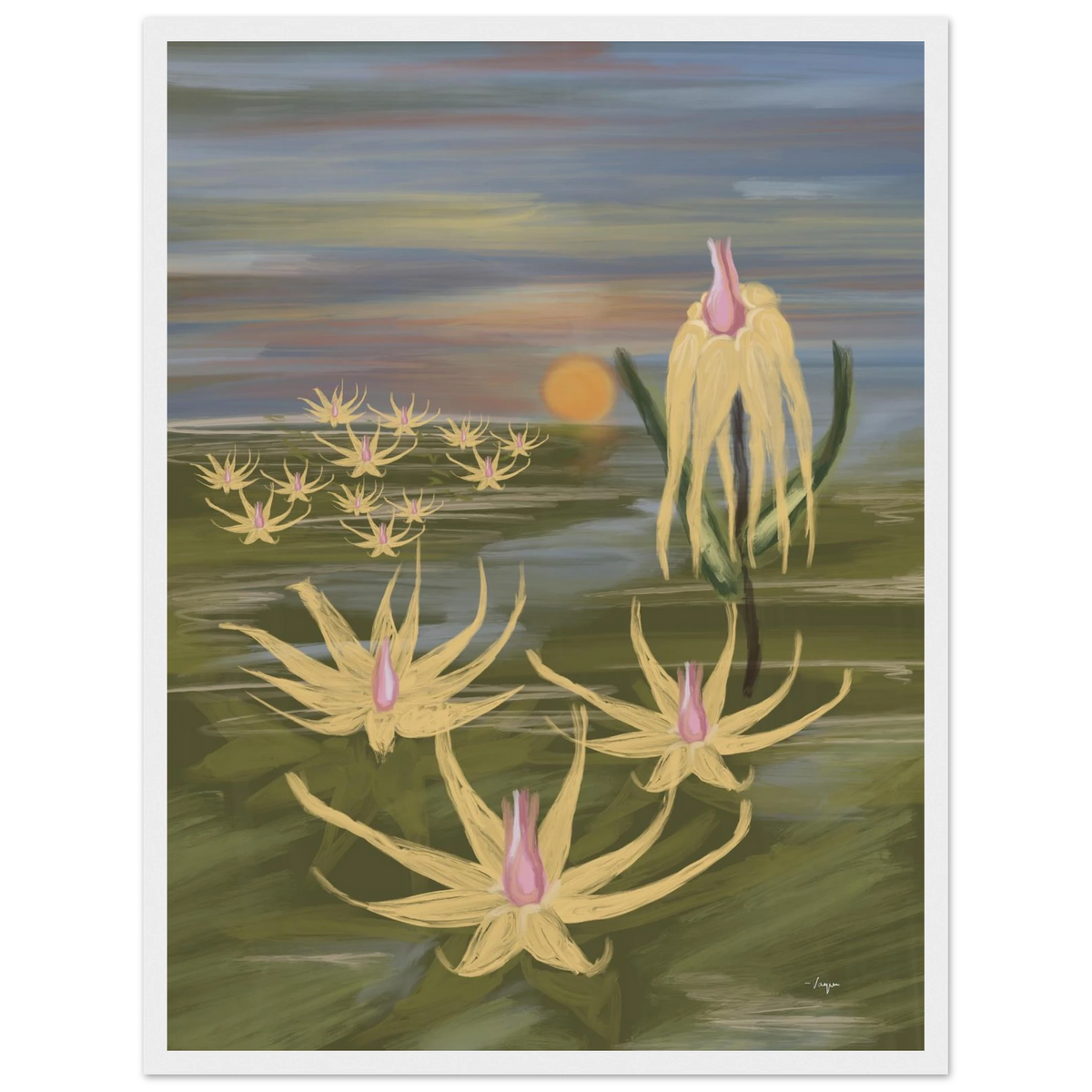 White-framed cactus botanical wall art print with yellow forms and pink buds