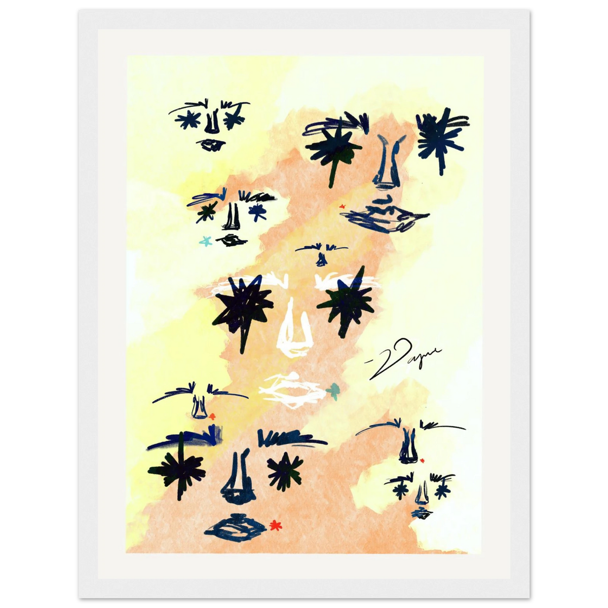 Afterglow abstract face print in a slim silver frame.