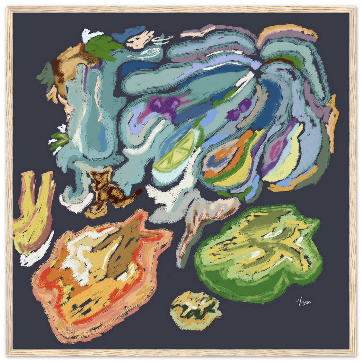 Abstract wall art with colorful paint strokes in a light wood frame