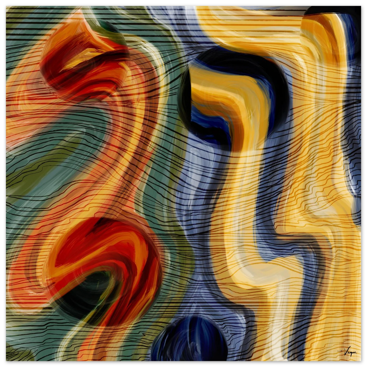 Framed matte paper poster with dark border and abstract red, yellow, blue swirl artwork