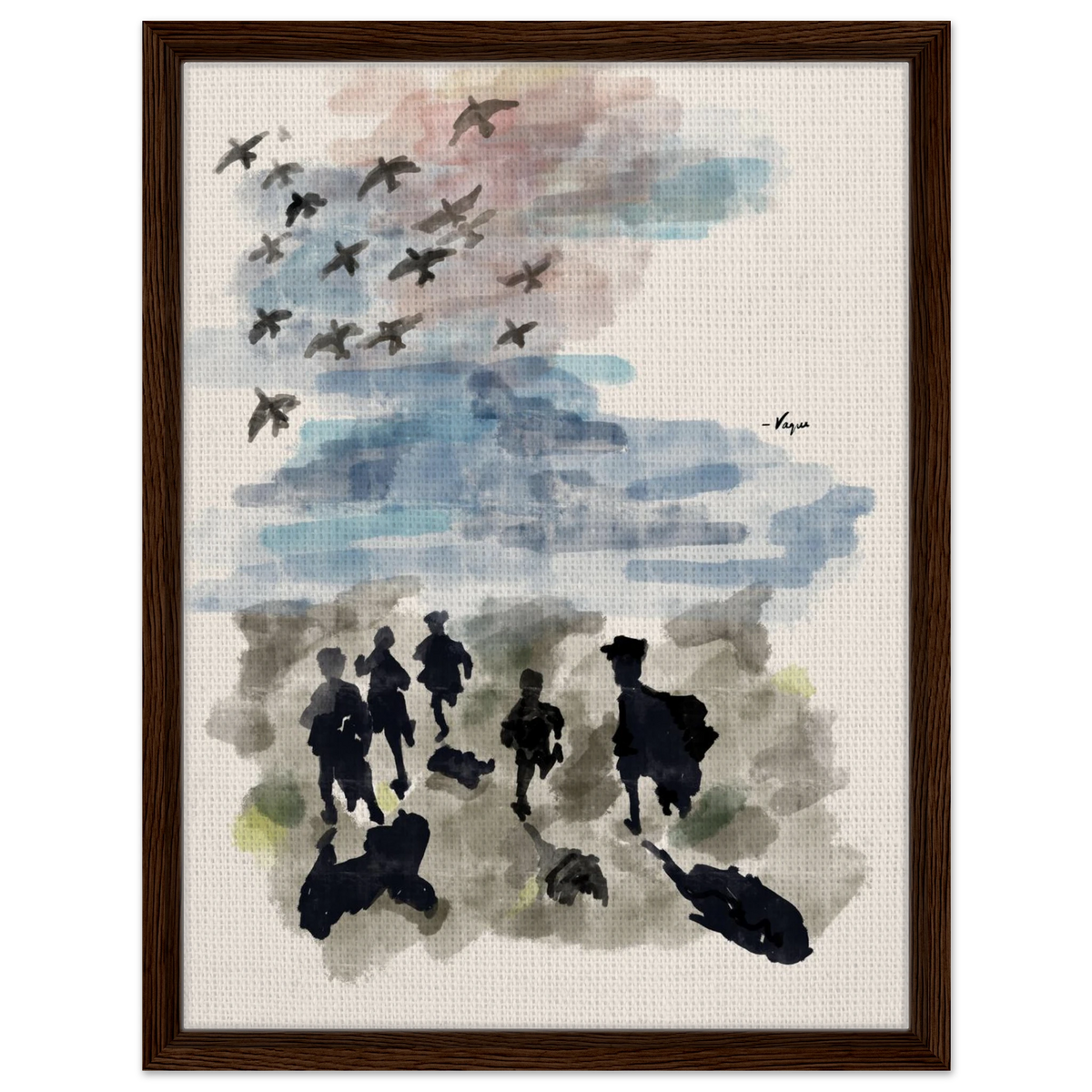 Wood-framed art print with blue watercolor clouds, silhouette figures, and flying birds