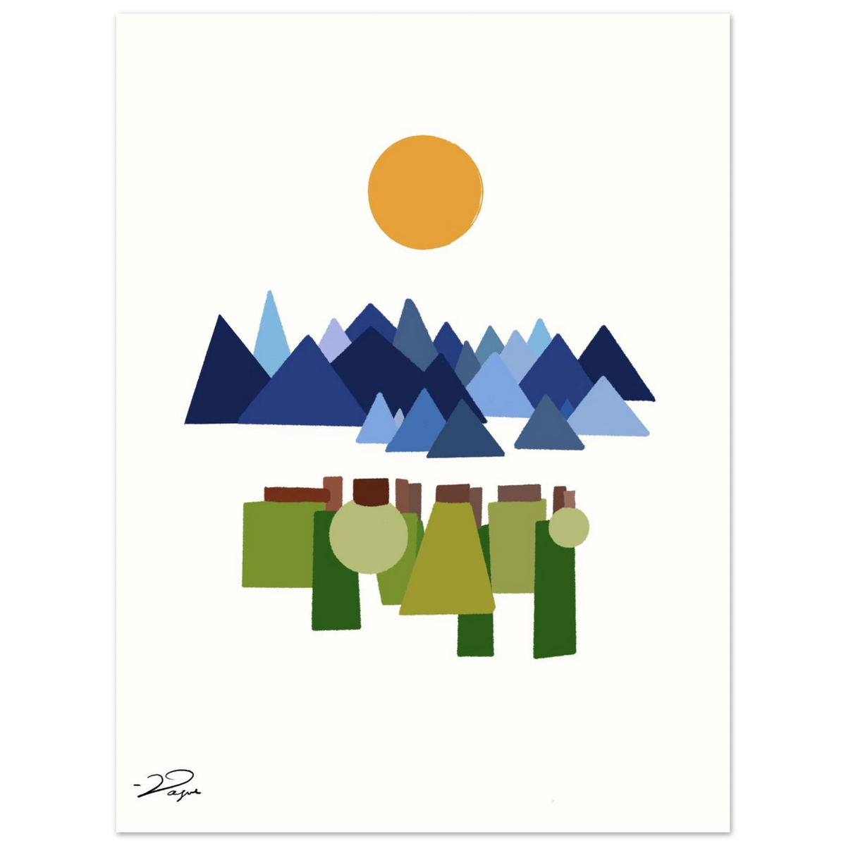 Unframed Corrupt Vol. 2 print featuring a sun above blue mountains and green trees