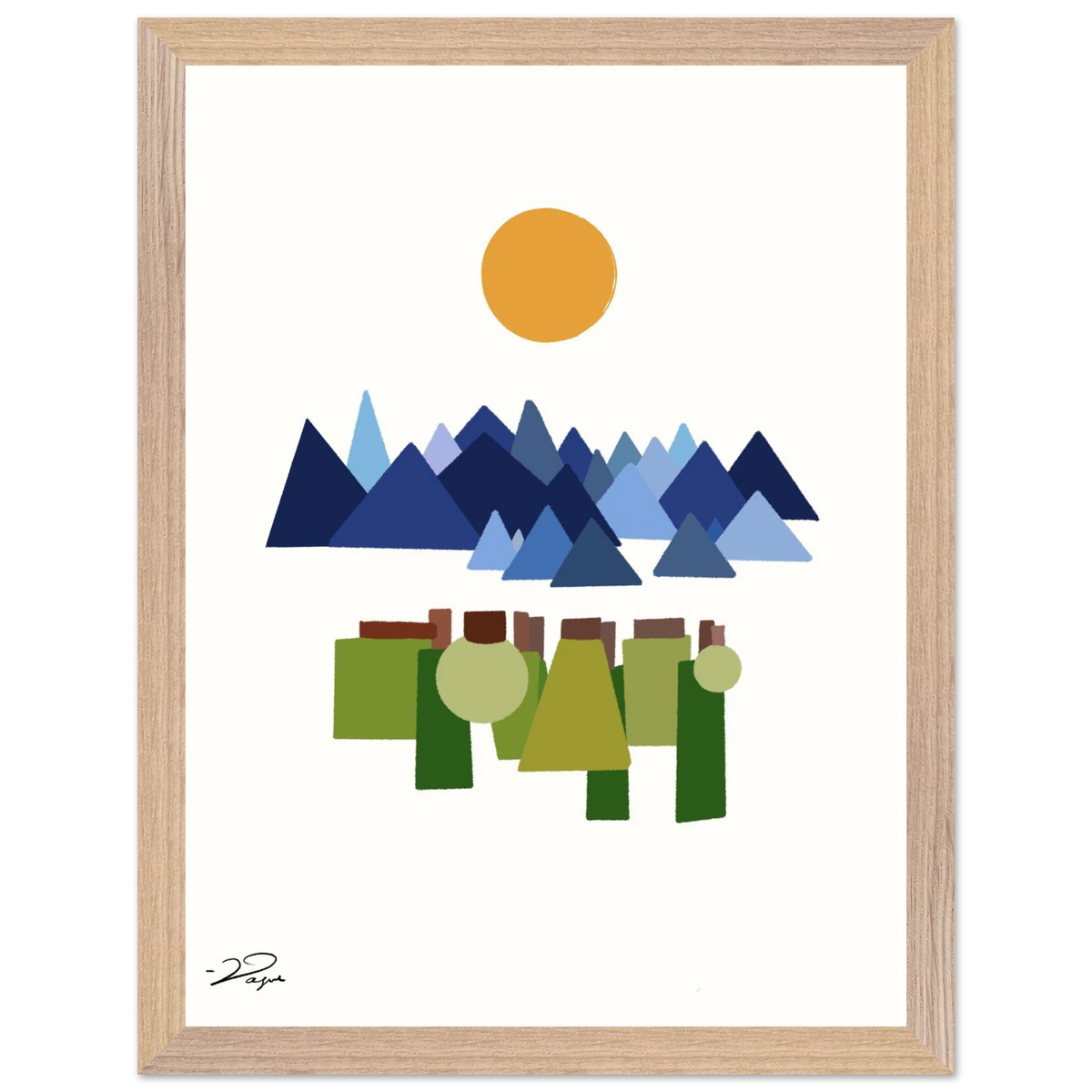 Framed abstract landscape print, medium wood border, orange sun, blue mountains, green figures