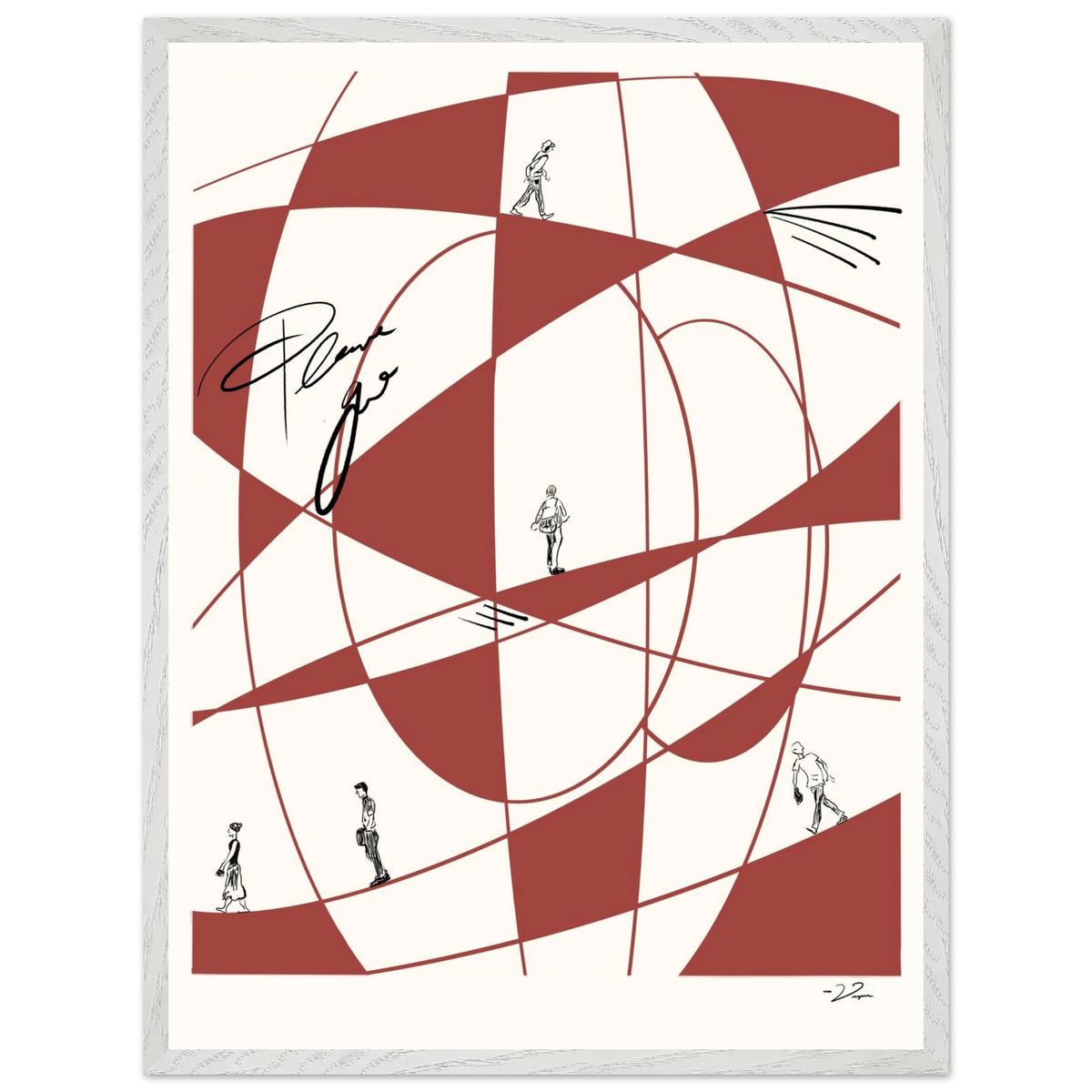 Framed abstract wall art with red geometric pattern and small figures; light frame