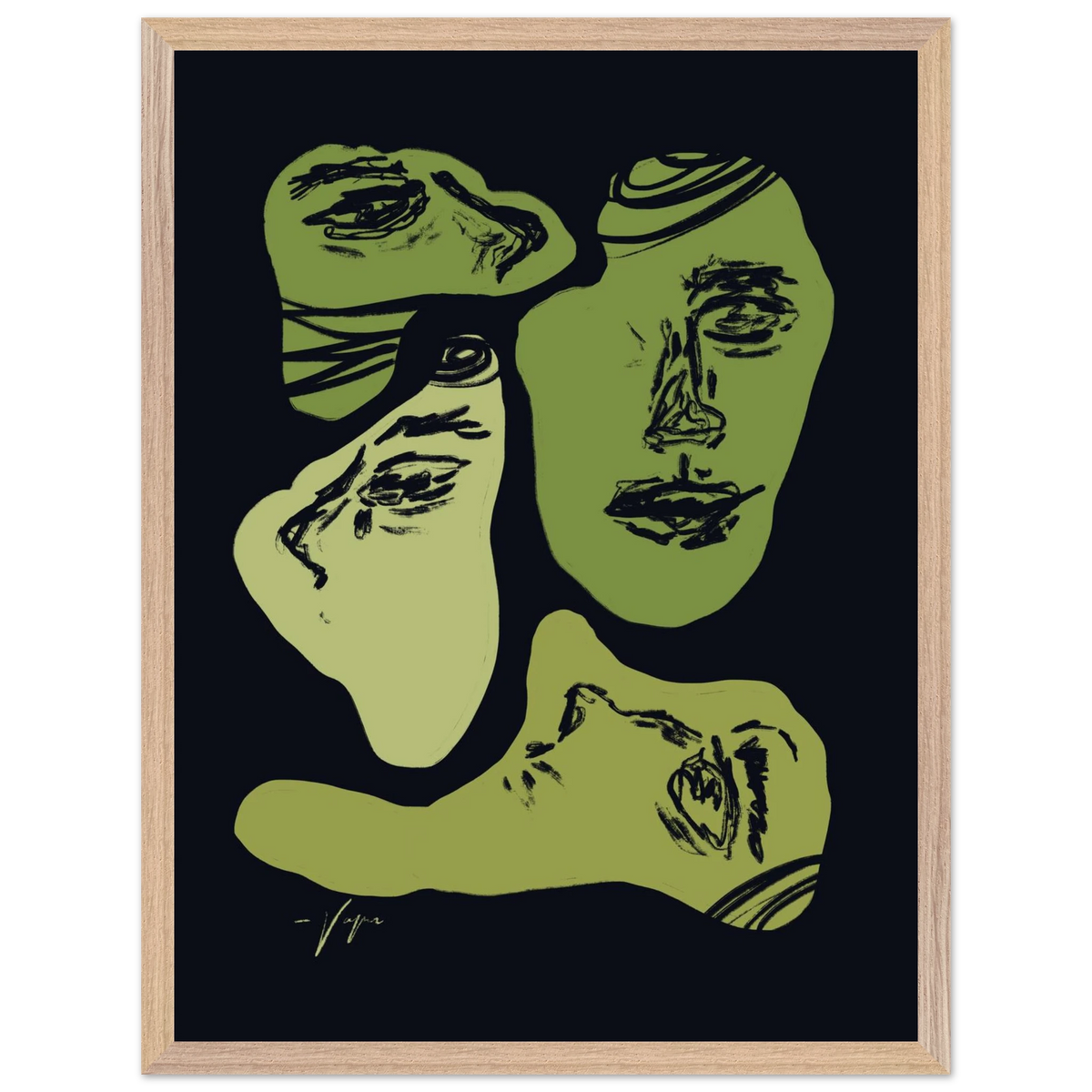 Framed portrait print with three green face profiles and dark background, wood frame