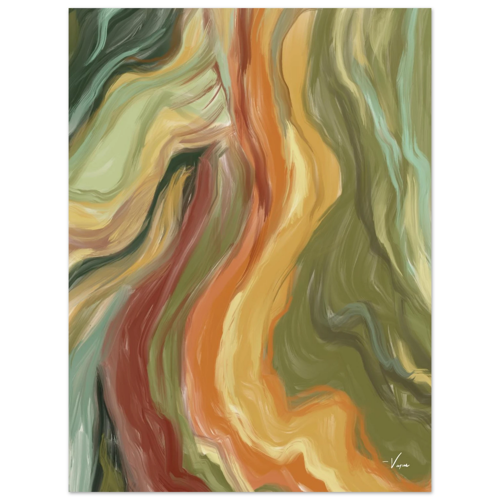 Unframed abstract wall art with layered flowing curves in green, orange, and red