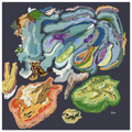 Unframed abstract artwork with swirling teal, green, orange, and purple paint strokes