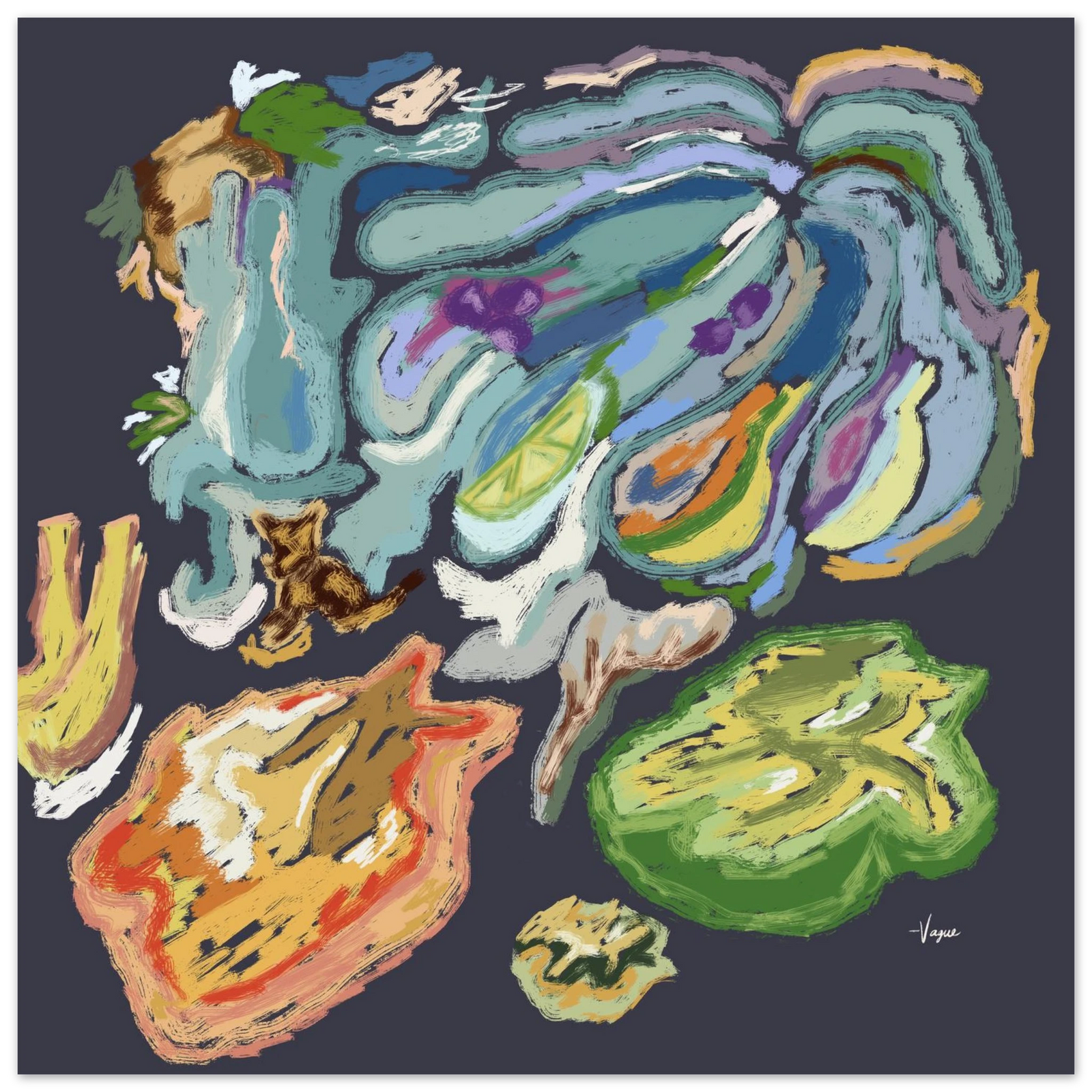 Unframed abstract artwork with swirling teal, green, orange, and purple paint strokes