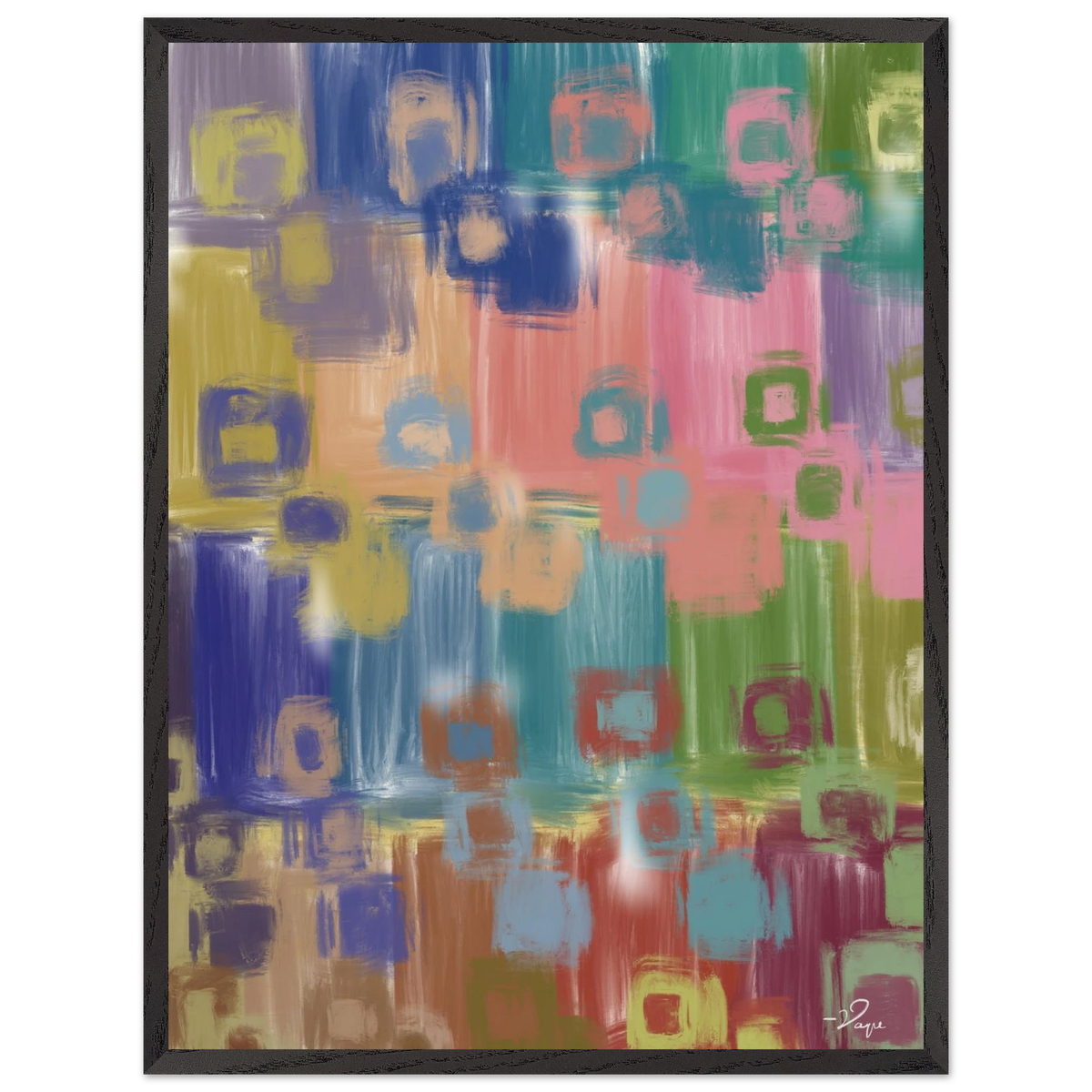 Abstract multicolor wall art in black frame, colorful block and brushstroke design