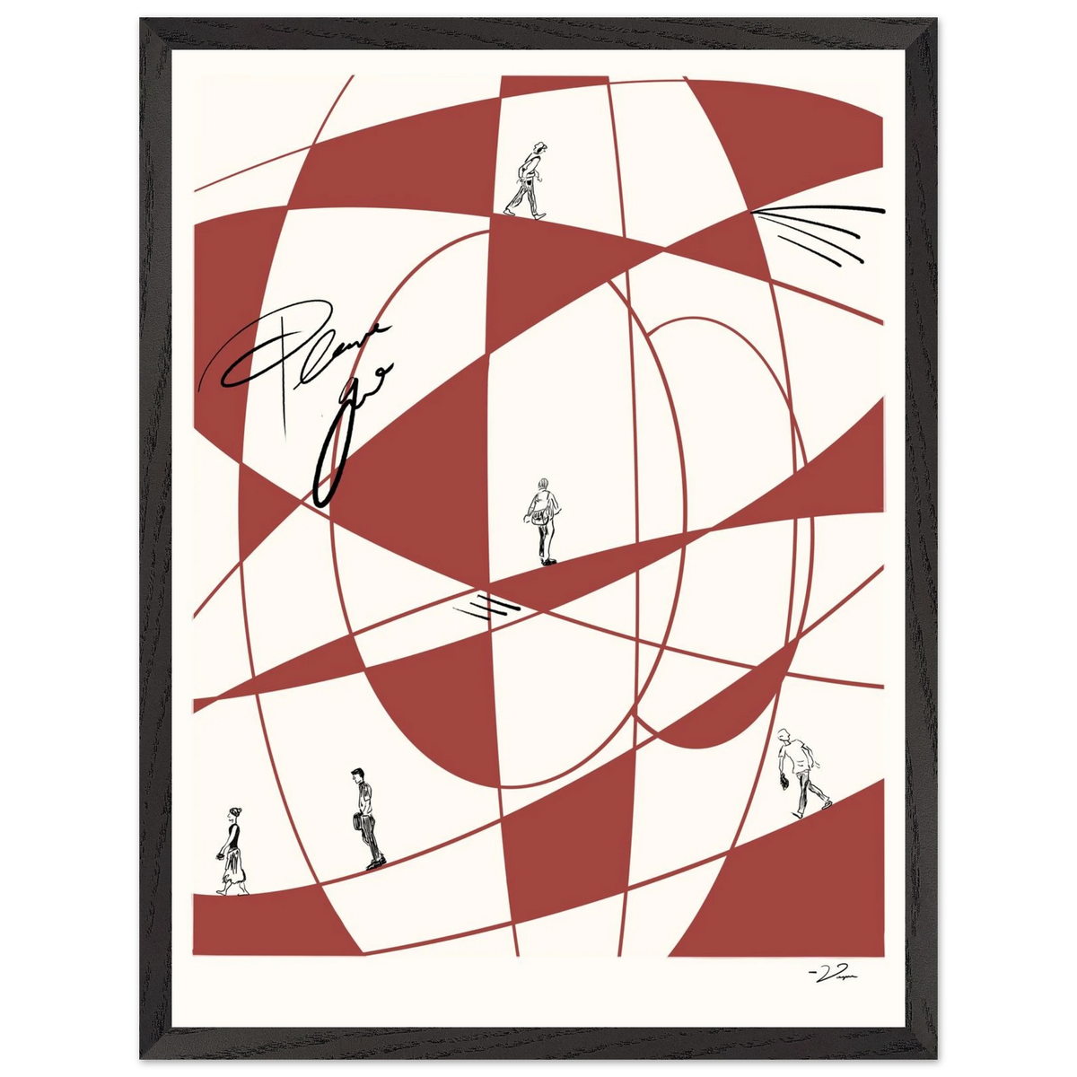 Framed abstract wall art with red geometric pattern and small figures; dark frame