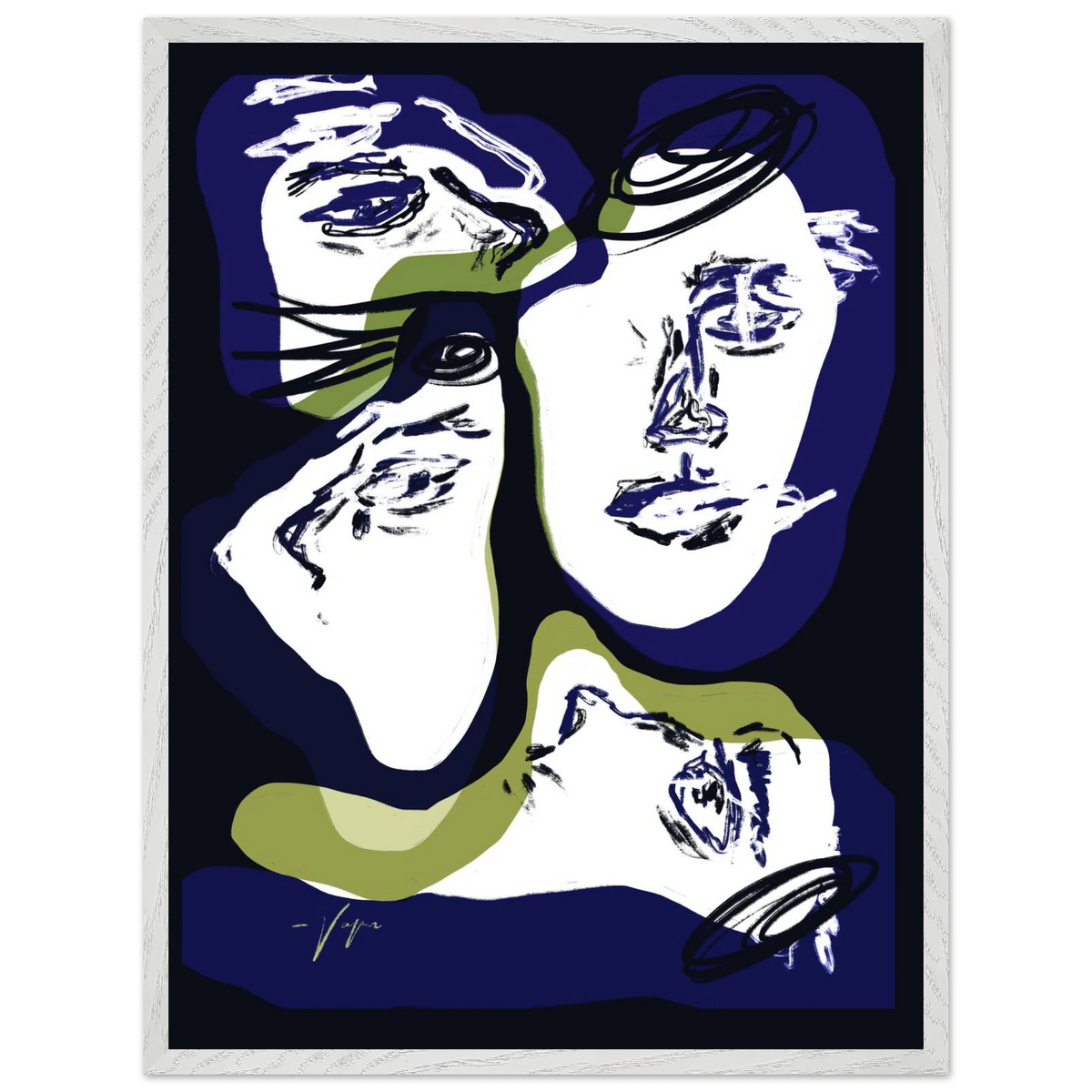 Framed wall art print with white border, abstract face illustration in blue and green.