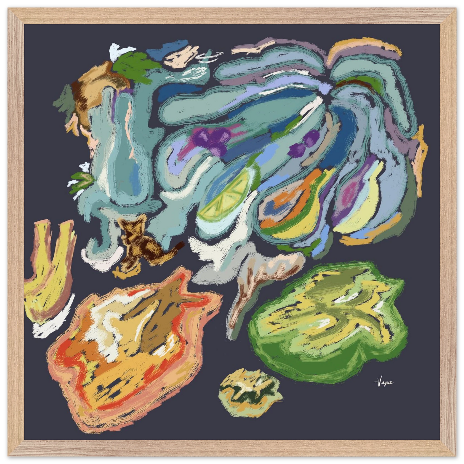Wood-framed abstract wall art with multicolor swirling paint strokes