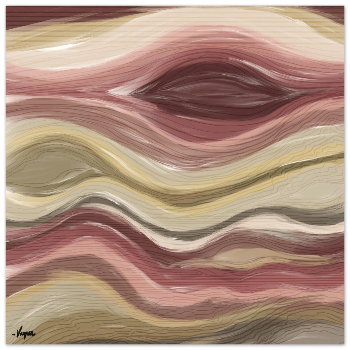 Abstract wall art canvas with layered wavy lines in rose, cream, and gray