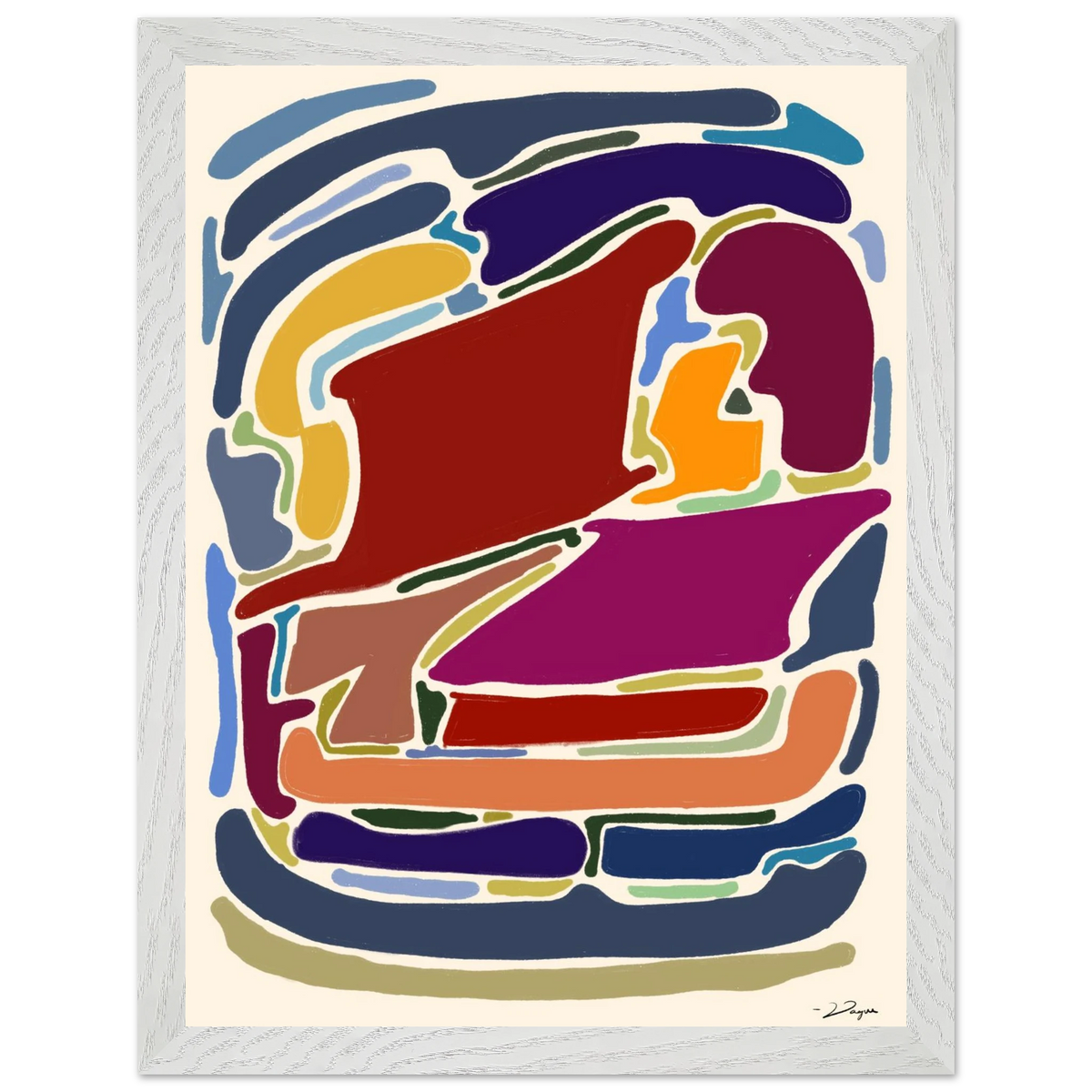 Framed abstract art print with colorful geometric shapes, light gray frame
