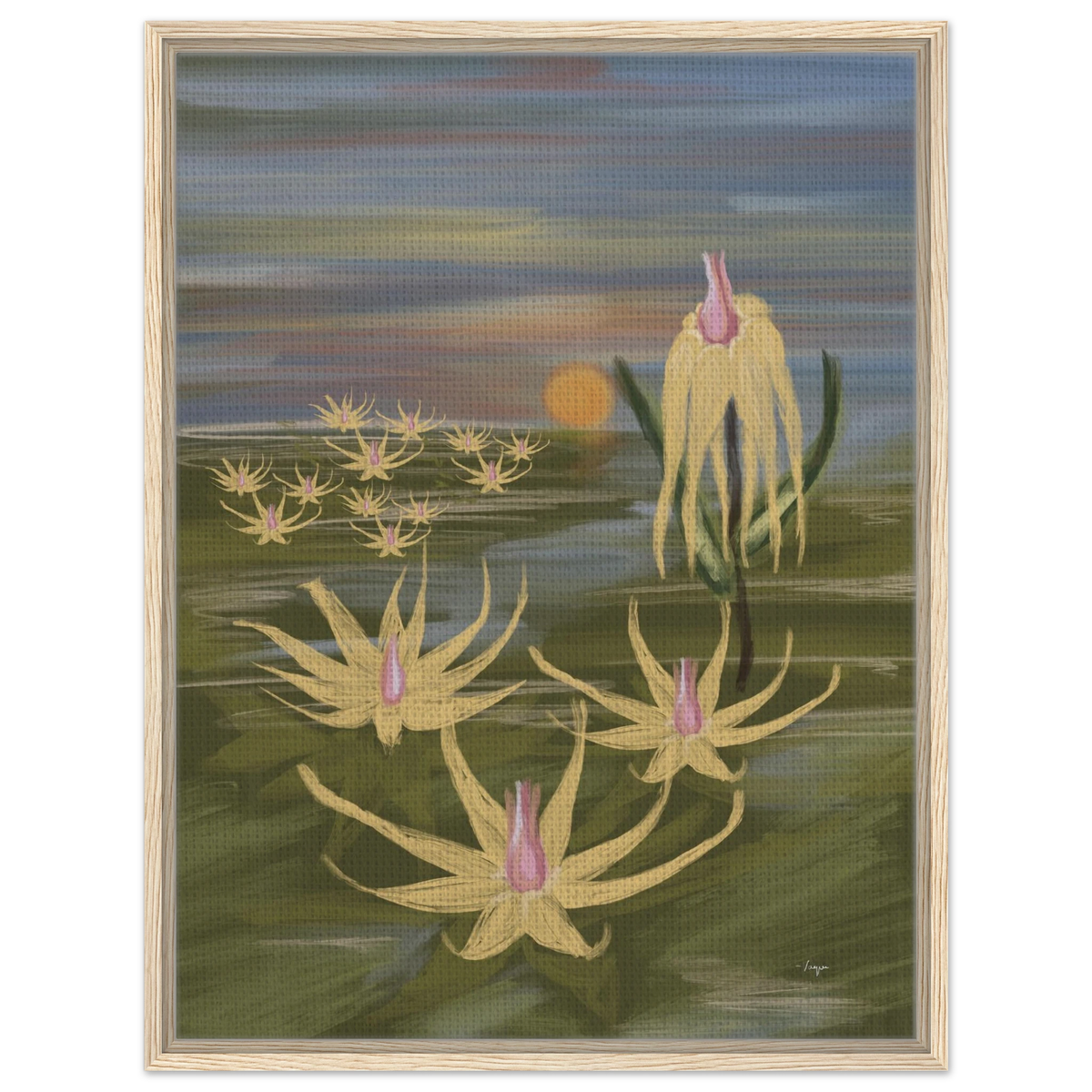 Natural wood framed wall art with yellow flowers, pink centers, and calm water scene