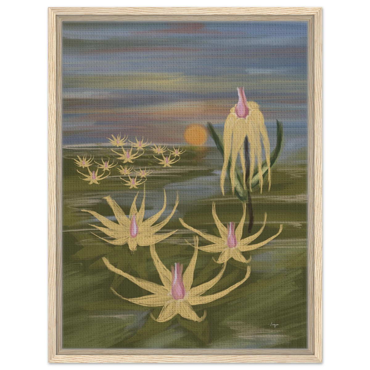 White framed wall art featuring pastel yellow blooms with pink centers over green water