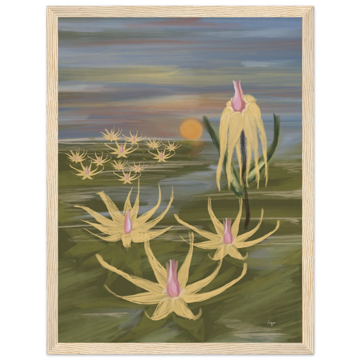 Light wood-framed cactus botanical wall art print with yellow forms and pink buds
