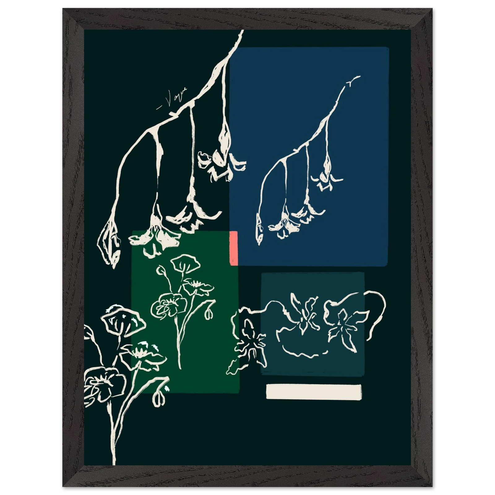 Framed wall art with dark gray frame and botanical line drawing with colored blocks